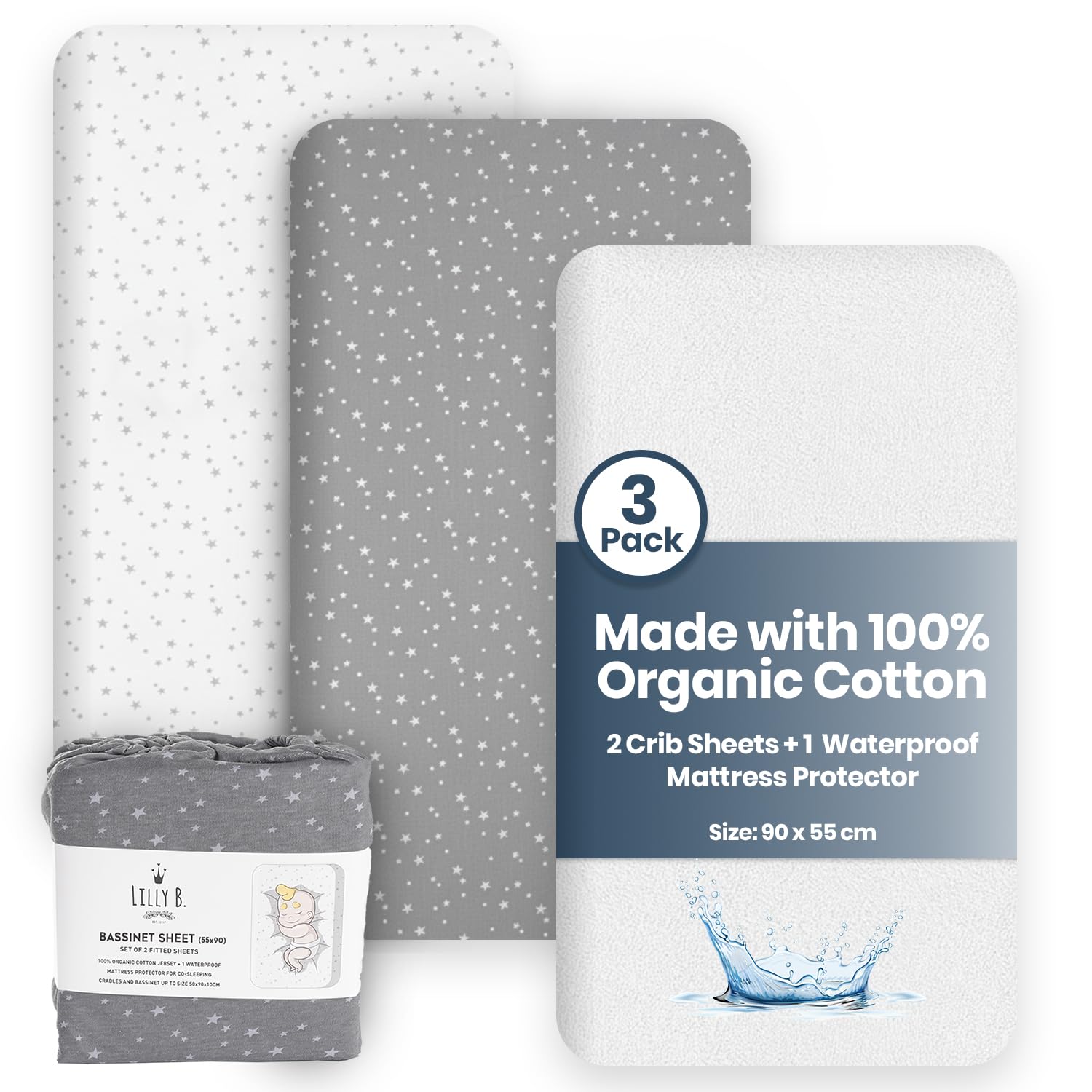 Lilly Belly - Next to me Crib Sheets - Organic Cotton Fitted Crib Sheets | 2+1 Waterproof Protector Compatible with Next to Me Crib, Snuzpod and All Bedside Cribs, bassinets up to 90x55cm Pack of 3.