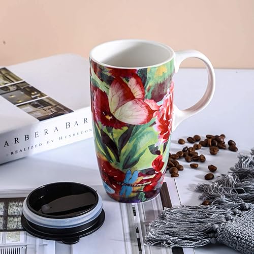 Miniatura 9 de Topadorn Taza de café de cerámica de 17 oz. Taza de café con caja de color y tapa a prueba de derrames, taza de viaje, mariposa