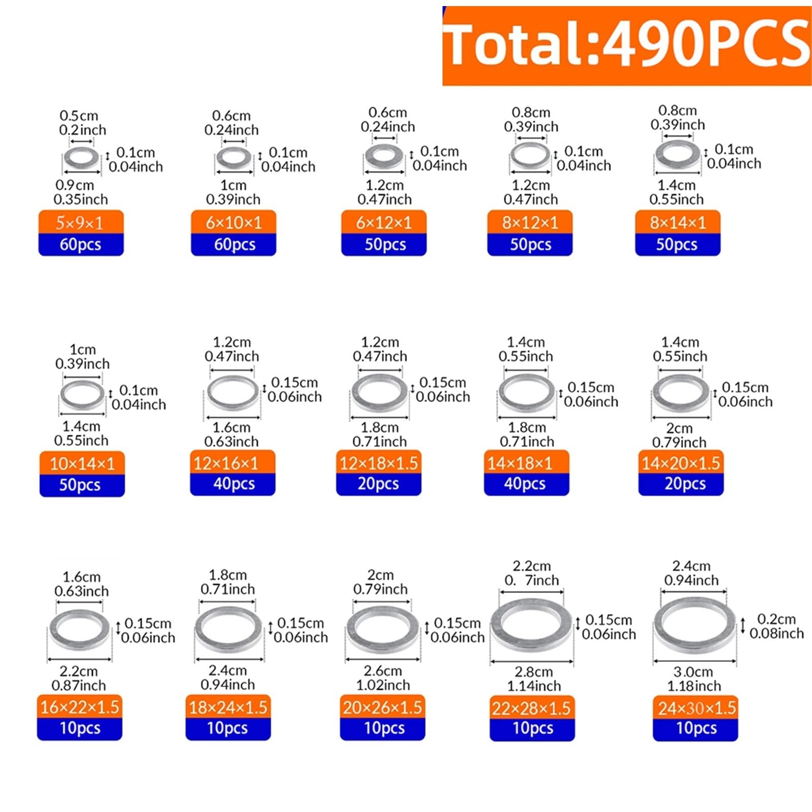 490 pièces M5-M24 joints plats en aluminium de bouchon vidange d'huile automobile, rondelles joint assorti métal Kit rondelle d'écrasement d'étanchéité pour Vis et Boulons