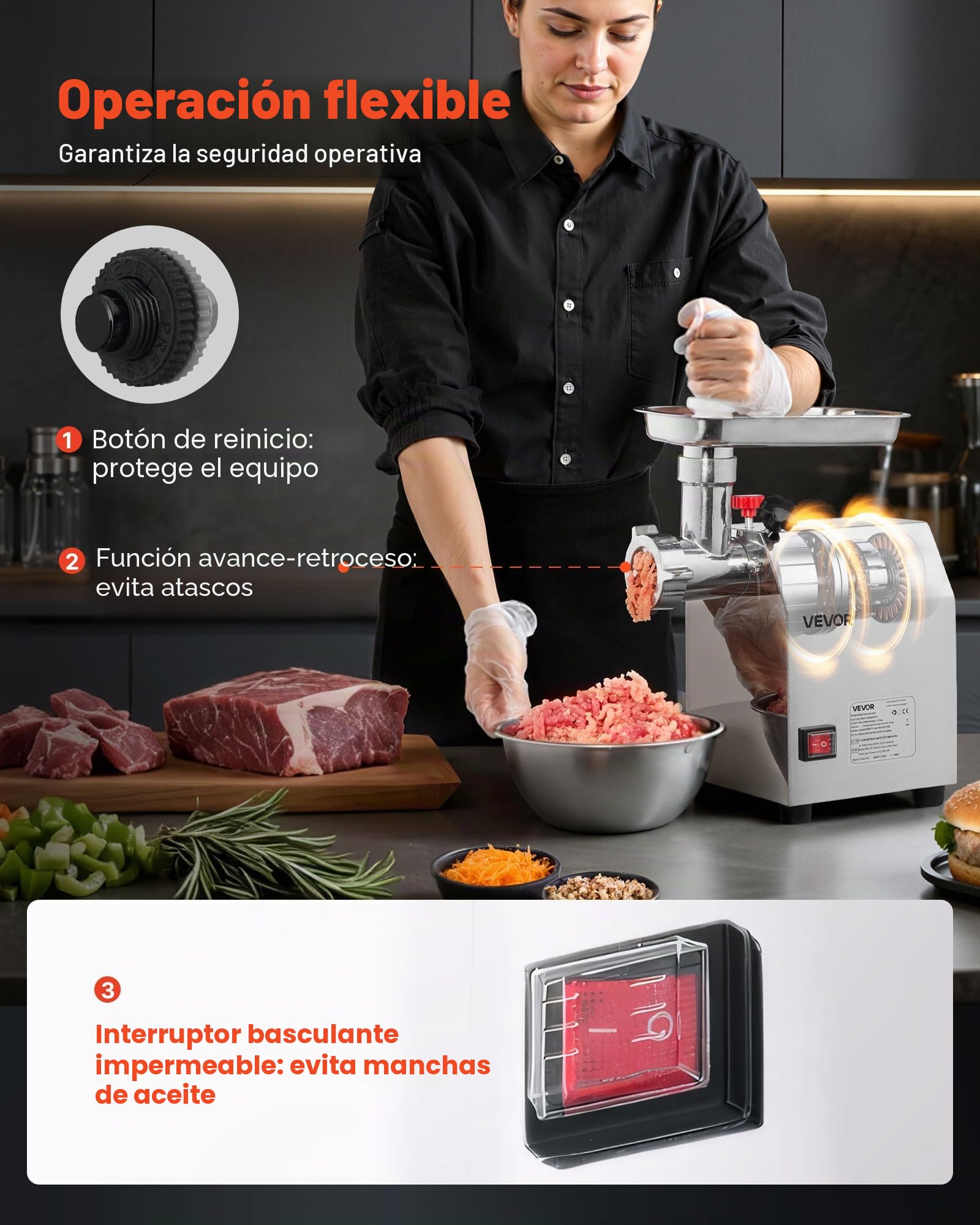 VEVOR Picadora de Carne Eléctrica de Encimera con Cuchilla, Capacidad de 2,3 kg/min, Placa de Molienda, para Hacer Salchichas, de Acero Inoxidable, para Cocina y Restaurante, 292 x 180 x 355 mm