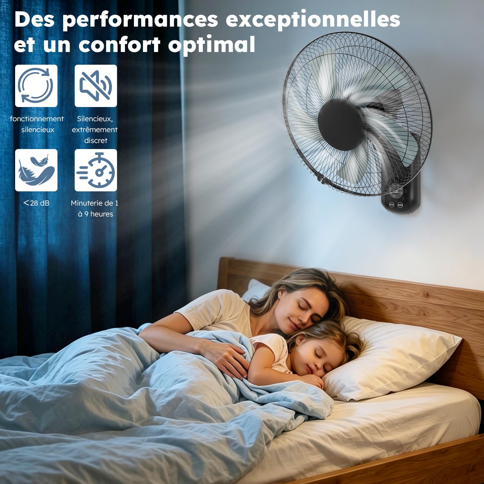 Ventilateur mural avec télécommande, 3 vitesses, oscillation à 90° et minuterie, silencieux pour chambre à coucher, bureau, salon