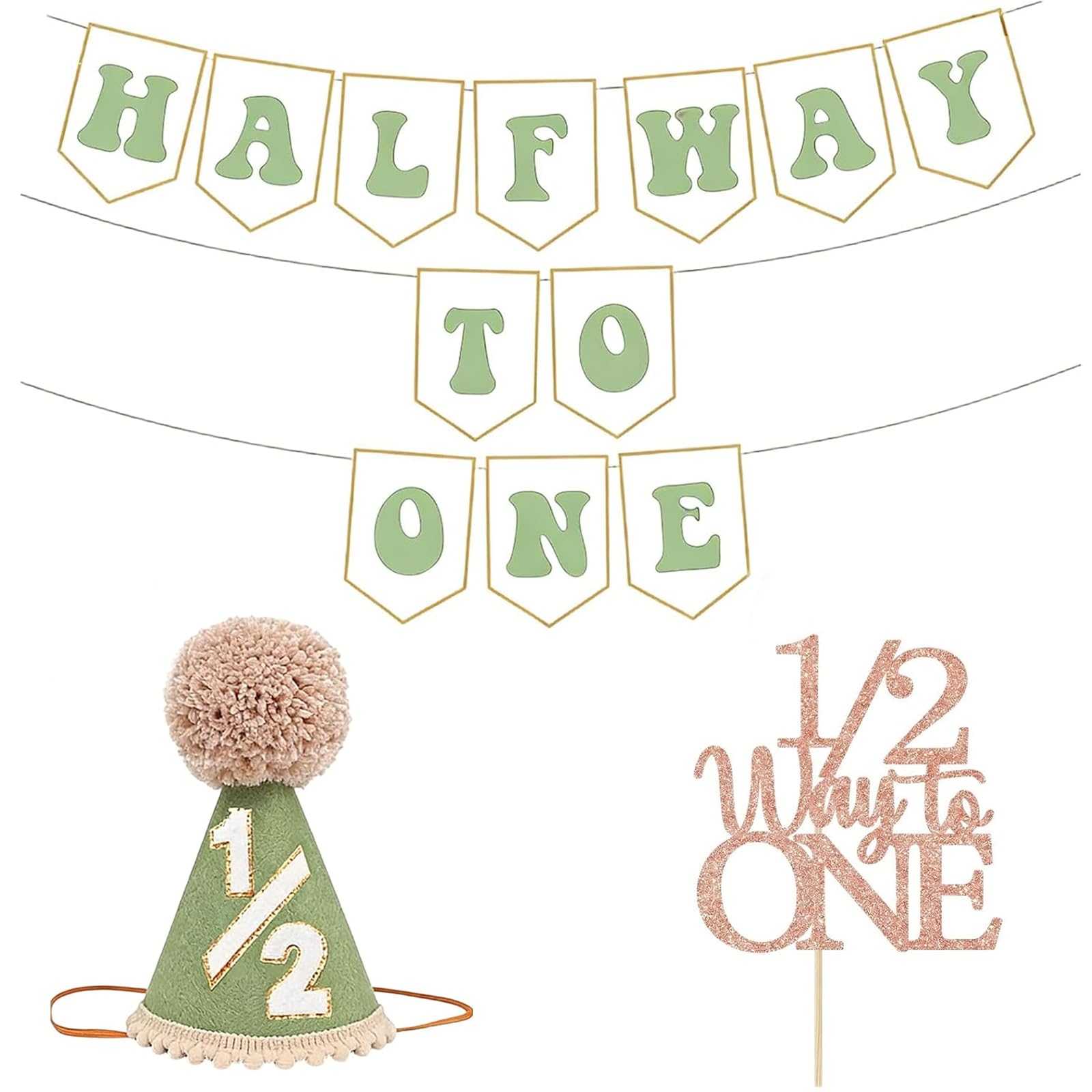 Daxiangsheng Half Birthday Decorations Set, Green Hat Banner and Topper