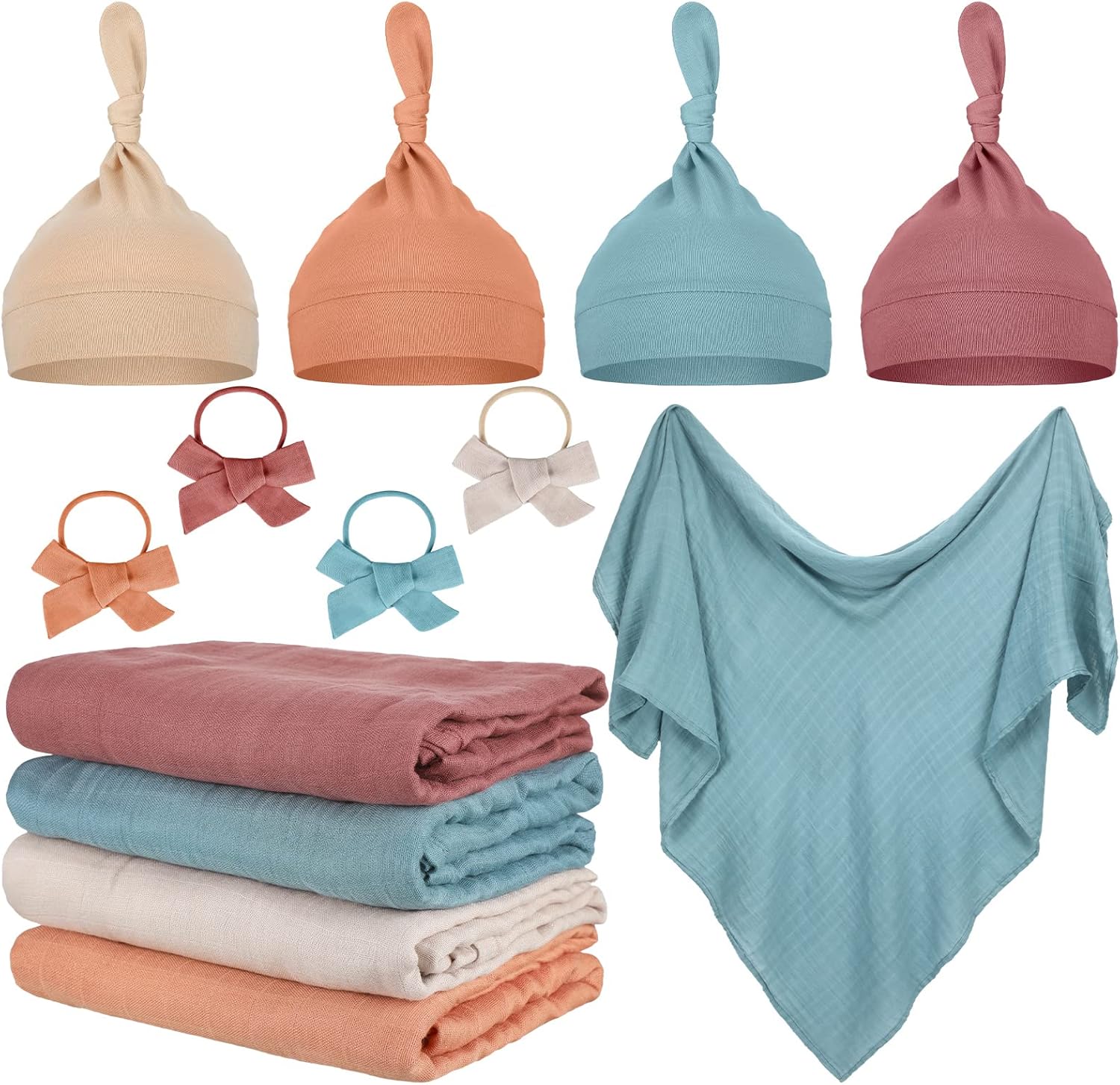 12 Pieces 4 Pack Muslin Baby Swaddle Blanket and Hat Set