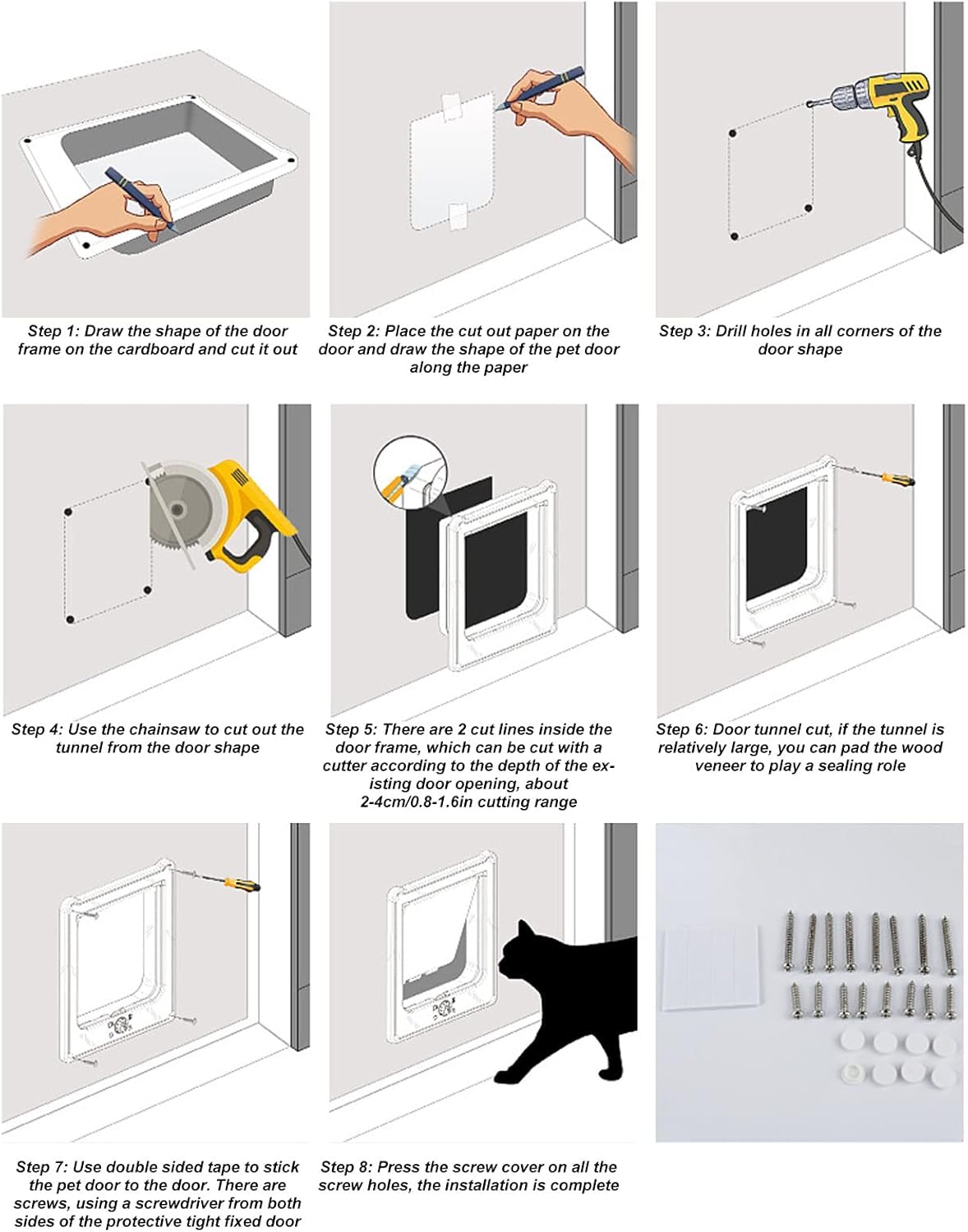 Pet Flap Door with Magnetic Lockable 4 Modes, Automatic Noiseless Cat Door for Cattery and Pet Cage, Plastic Indoor Cat Flap Compatible with Solid or Hollow Doors