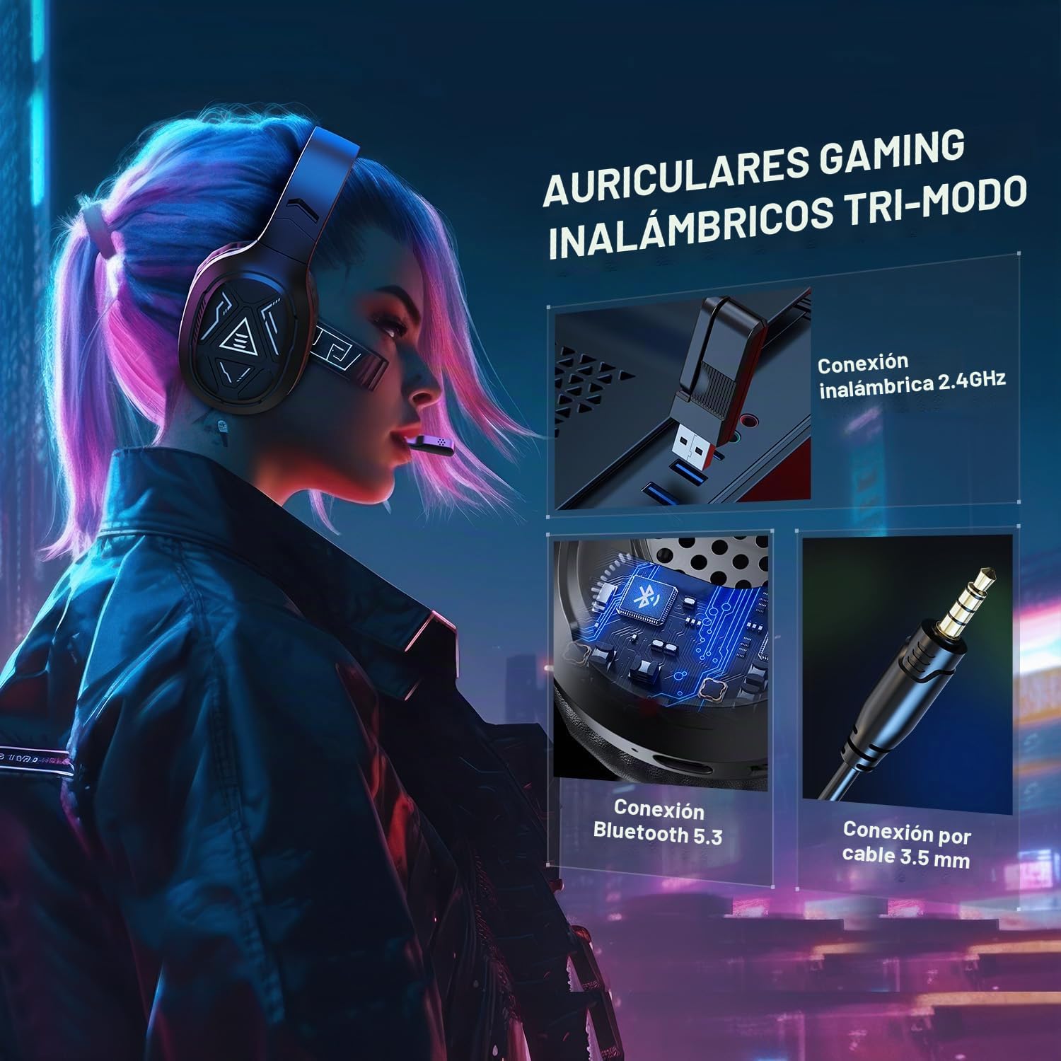EKSA Auriculares inalámbricos BT para Videojuegos, 2,4 GHz, Interfaz USB-C y USB, con micrófono Extensible, cancelación de Ruido, 52 Horas de duración de la batería con Cable de 3,5 mm para PC