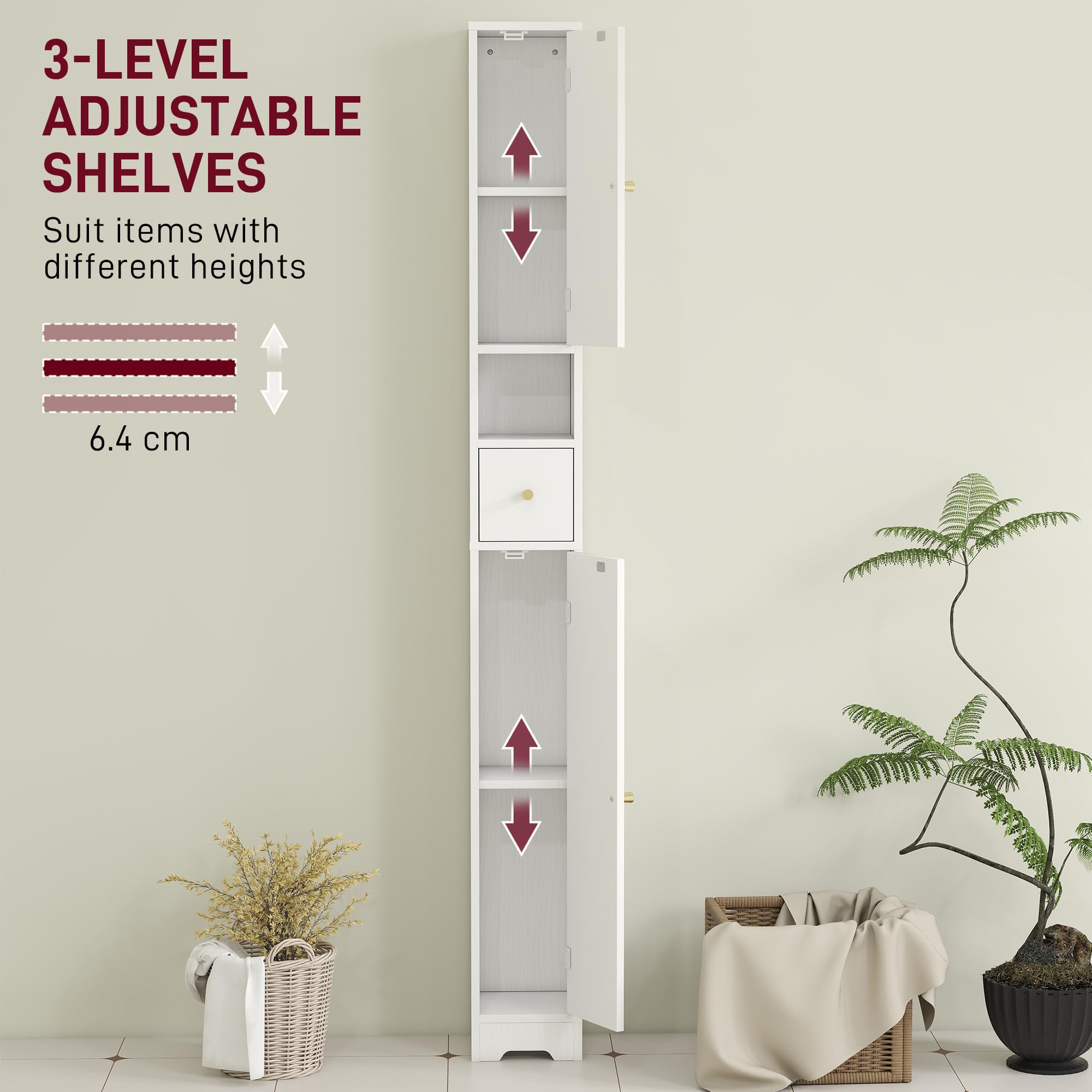 HOMCOM Tall Bathroom Cabinet, Modern Slim Bathroom Storage with Arched Doors, Drawer and Open Shelf, Narrow Storage with Adjustable Shelves, White - 5