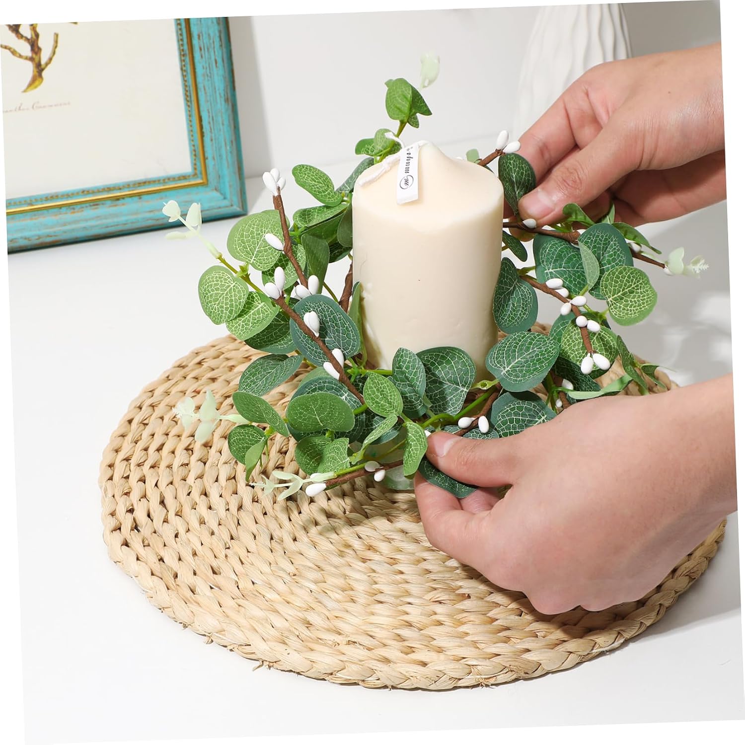 12pcs Eucalyptus Wreaths for Candles Bohemian Style Candle Rings for Table Decor