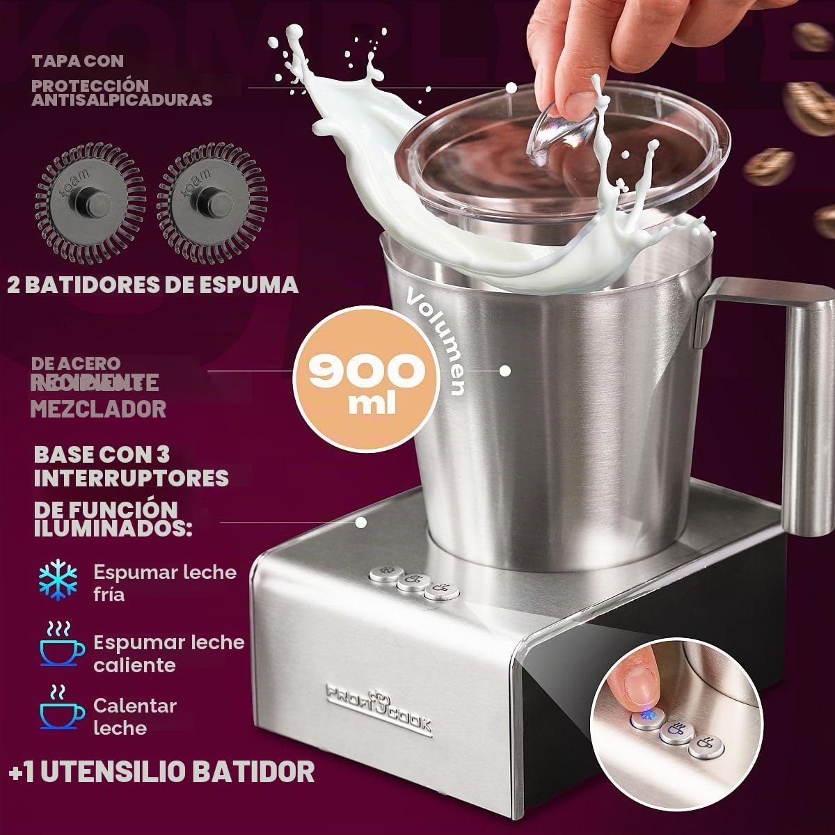 ProfiCook® Espumador de leche con función frío y calor | Espumador de leche eléctrico con 6 funciones | aprox. 500 ml de espuma | carcasa de acero inoxidable | PC-MS 1032