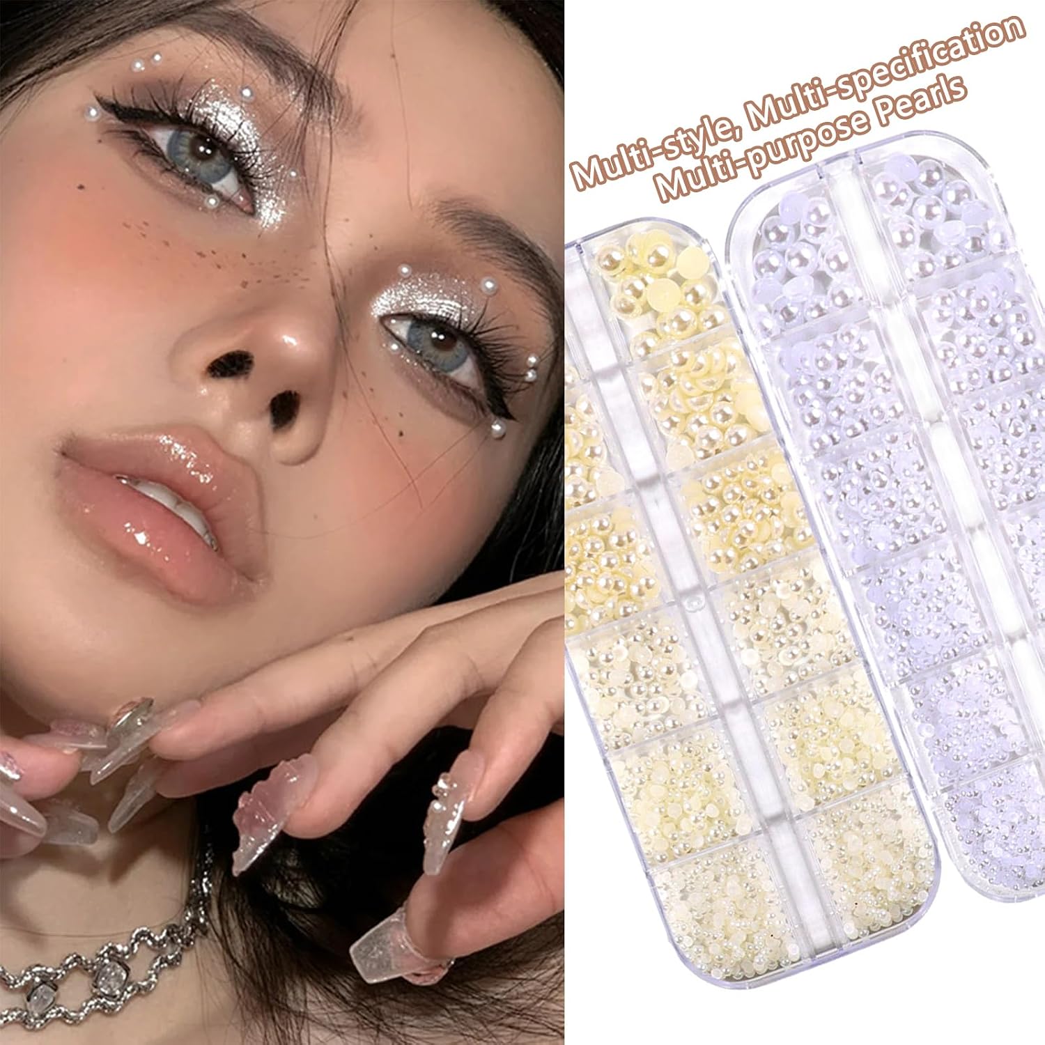2 Boxes Pearl Nail Charms 3D Nail Art Charm Flatback Half Round Pearls gems White Beige Mix Nail Pearls for Crafting Nail Art DIY Design Decoration US288 (White+Beige)