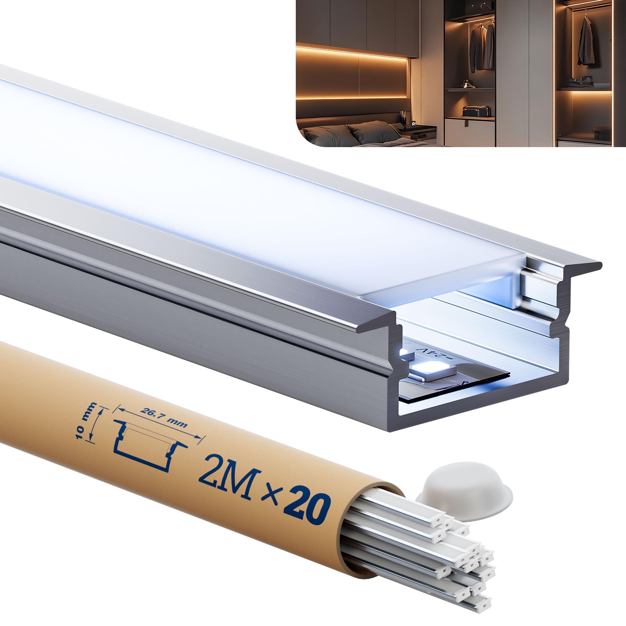 20 Profile Alu pour Ruban LED 2 m Rail de diffuseur de lumière Profile LED Encastrable Dimensions19,7 x 10 mm Convient à tous les rubans jusqu’à 15,5 mm, Avec couvercle en PC blanc laiteux
