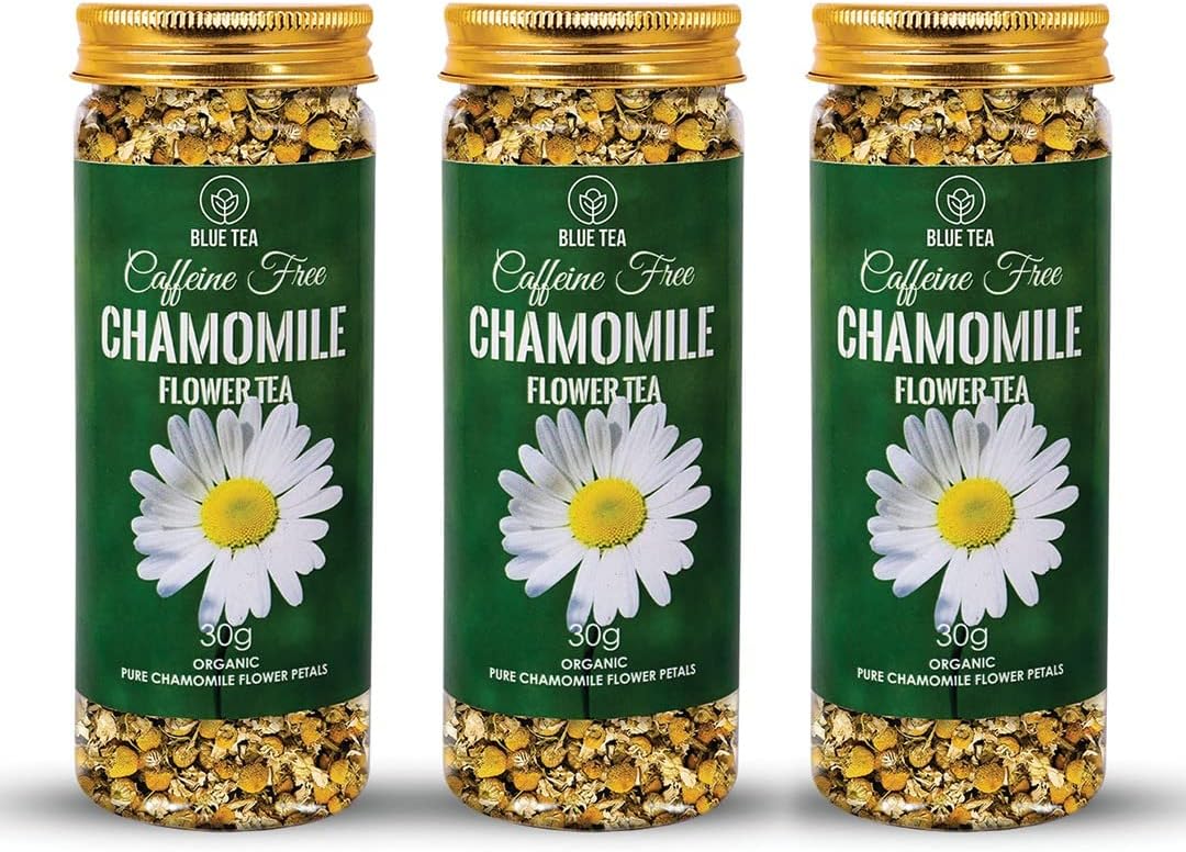 BLUE TEA - Chamomile Tea For Sleep - 30gm - 90 Cups (Pack Of 3) || SLEEP & RELAXATION || Herbal Tea - Caffeine Free - Flower Based - Non Bitter - Non-GMO | Featured In Shark Tank | Reusable Pet Jar