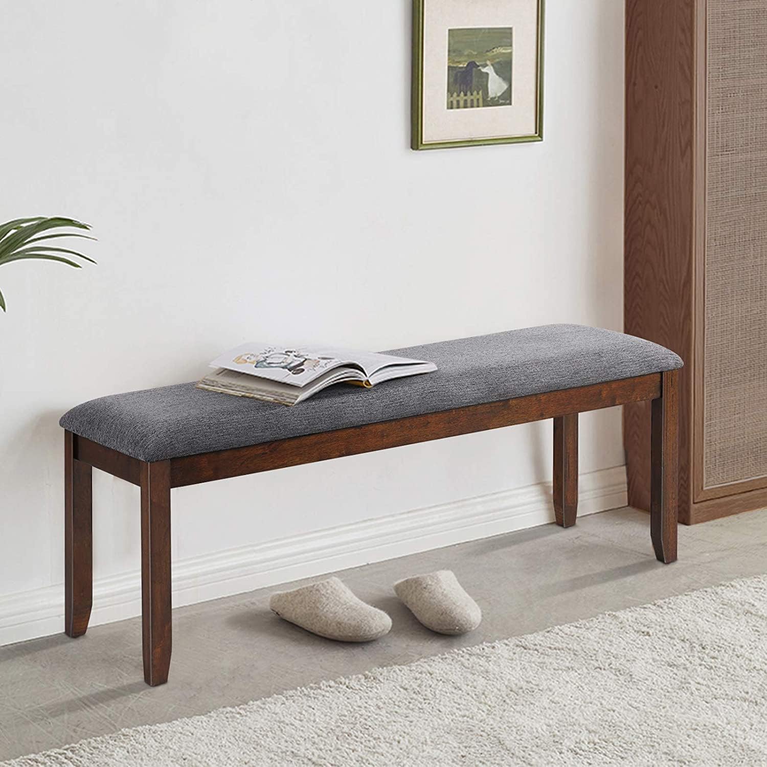 S AFSTAR Dining Table Bench, Upholstered Ottoman Bench w/Rubber Wood Frame, 47.5 x 15.5 x 19.5 Inches, Wooden Bench for Dining Room, Living Room, Hallway, Bedroom (2)
