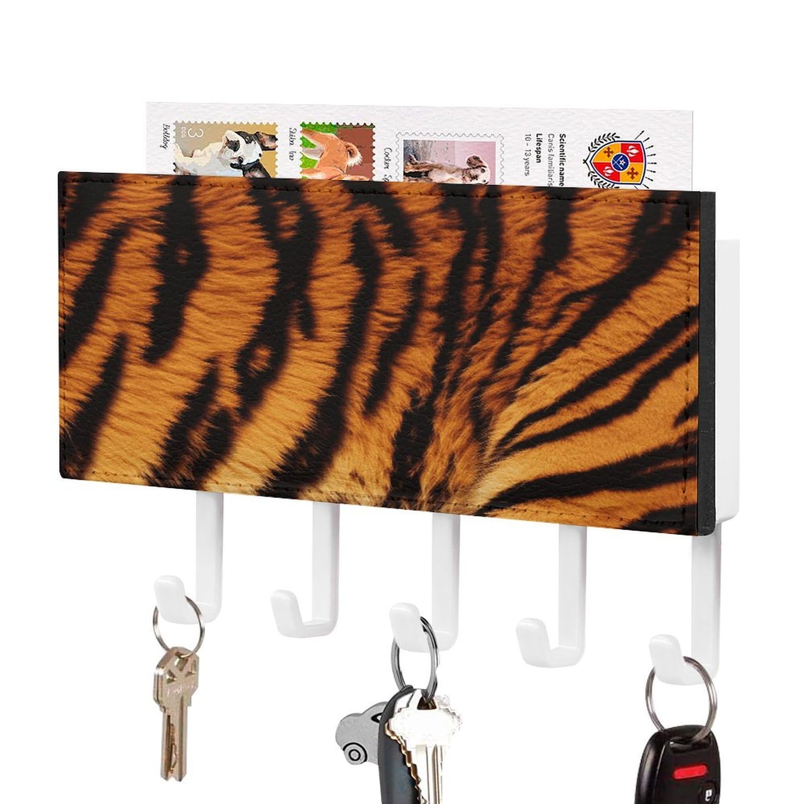 LDGSUPH Tiger Striped Pattern Key Holder Wall Mount Key Hanger with 5 Hooks Fashion Key Organizer Rack Hanging Key Hooks with Mail Organizer Key Rack for Home Entryway Hallway White-Style