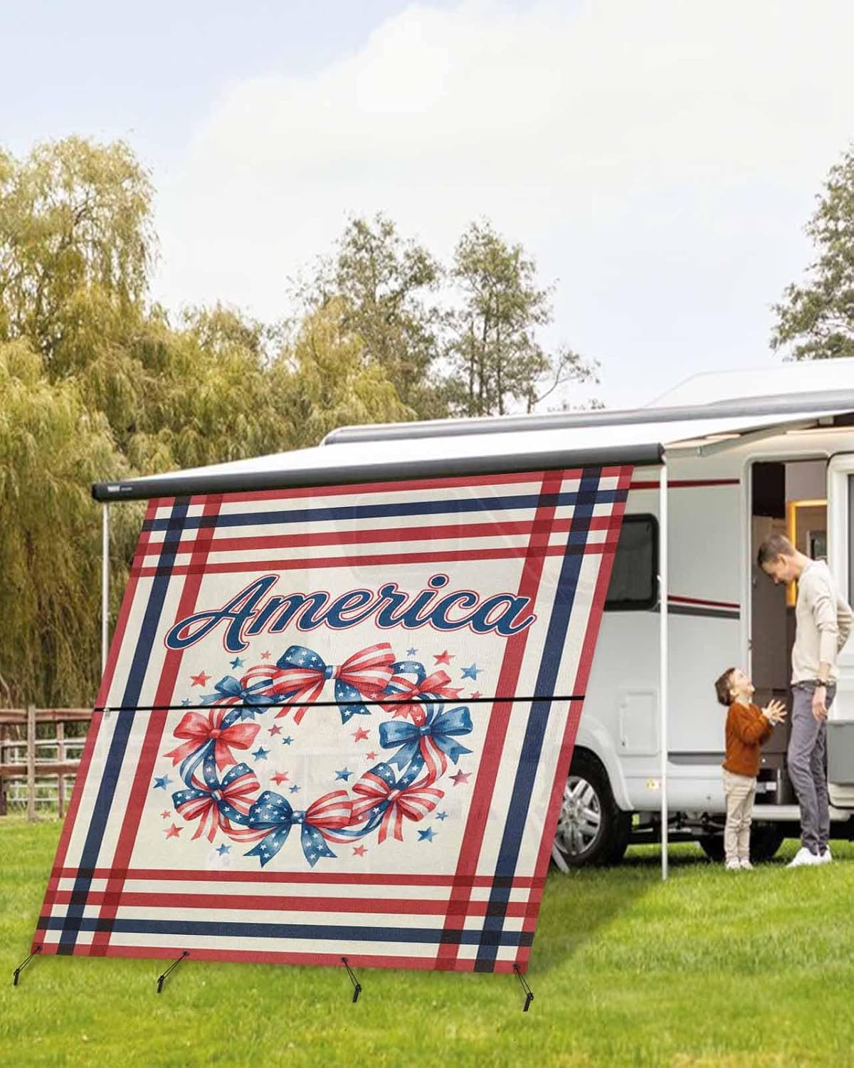 RV Awning Sun Shade Screen 9' x 7', 250 Anniversary USA Flag Mesh RV Awning Shades Complete Kits, Blue Red American Wreath Sunlight Blocker Outdoor Canopy for Camping Trailer Motorhome