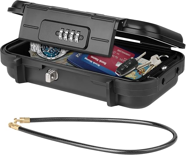 WACCET Portable Safe Box with Code, Combination Security Case Lock Box Waterproof Anti-Theft Mini Travel Safe with Removable Wire Rope Security Safe Box for Home, Office, Hotel, Cars,Travel etc