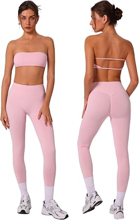 ABOCIW Workout Sets for Women 2 Piece Seamless Bandeau Sports Bra Scrunch Butt Liftinf High Waist Leggings Gym Sets