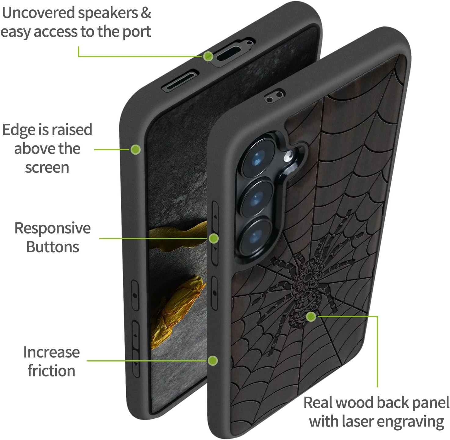 Carveit Wood Case for Galaxy S24 Case [Natural Wood & Black Soft TPU] Shockproof Protective Cover Unique Wooden Design Compatible with Samsung S24 (Spider Web-Blackwood)