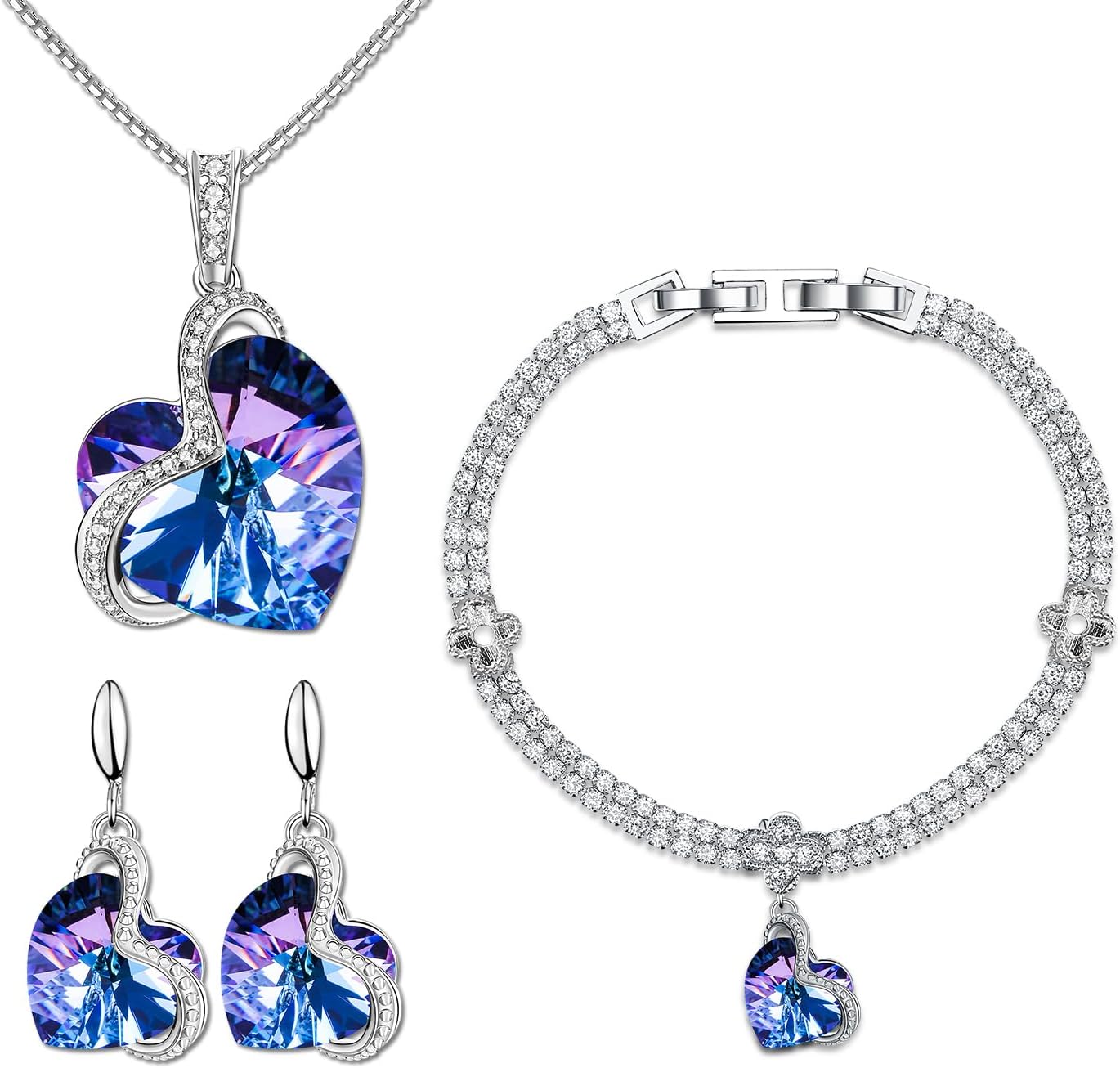 Charming Crystal Jewelry Sets For Women 18K White Gold Plating Bracelet Necklace And Earrings Sets For Wife Girlfriend Or Mothers Idea Gift For Mother’s day (Violet)