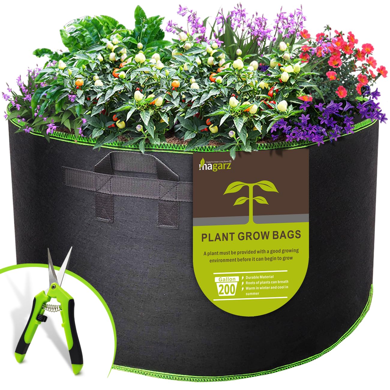 magarz 1-Pack 200 Gallon Fabric Flower Pots Garden Felt Grow Bags with Handle (Black)