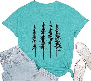 Funny Graphic Women Skinny Pine Tree Shirt Summer Hiking Camping Tees | Nature Pattern Design, Athletic Casual, Comfy Soft Fabric