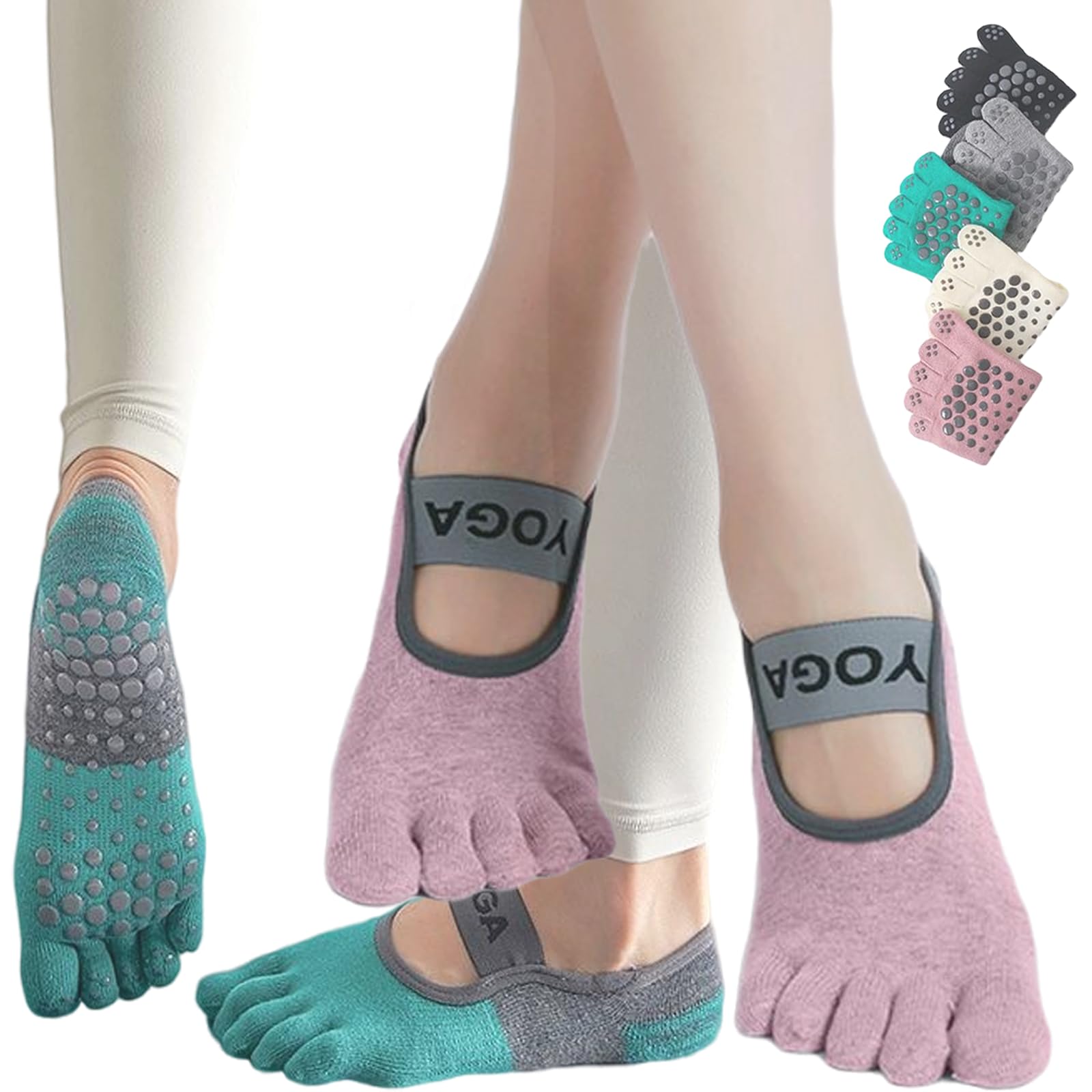 CHUNFO Grip Socks Women Pilates Yoga Sock Non Slip Barre Stripe Colorful Dance Cotton Ankle Toeless Sock 1/2/4 Pairs (2 Pack-Crew-Light Pink Green with Silicone)