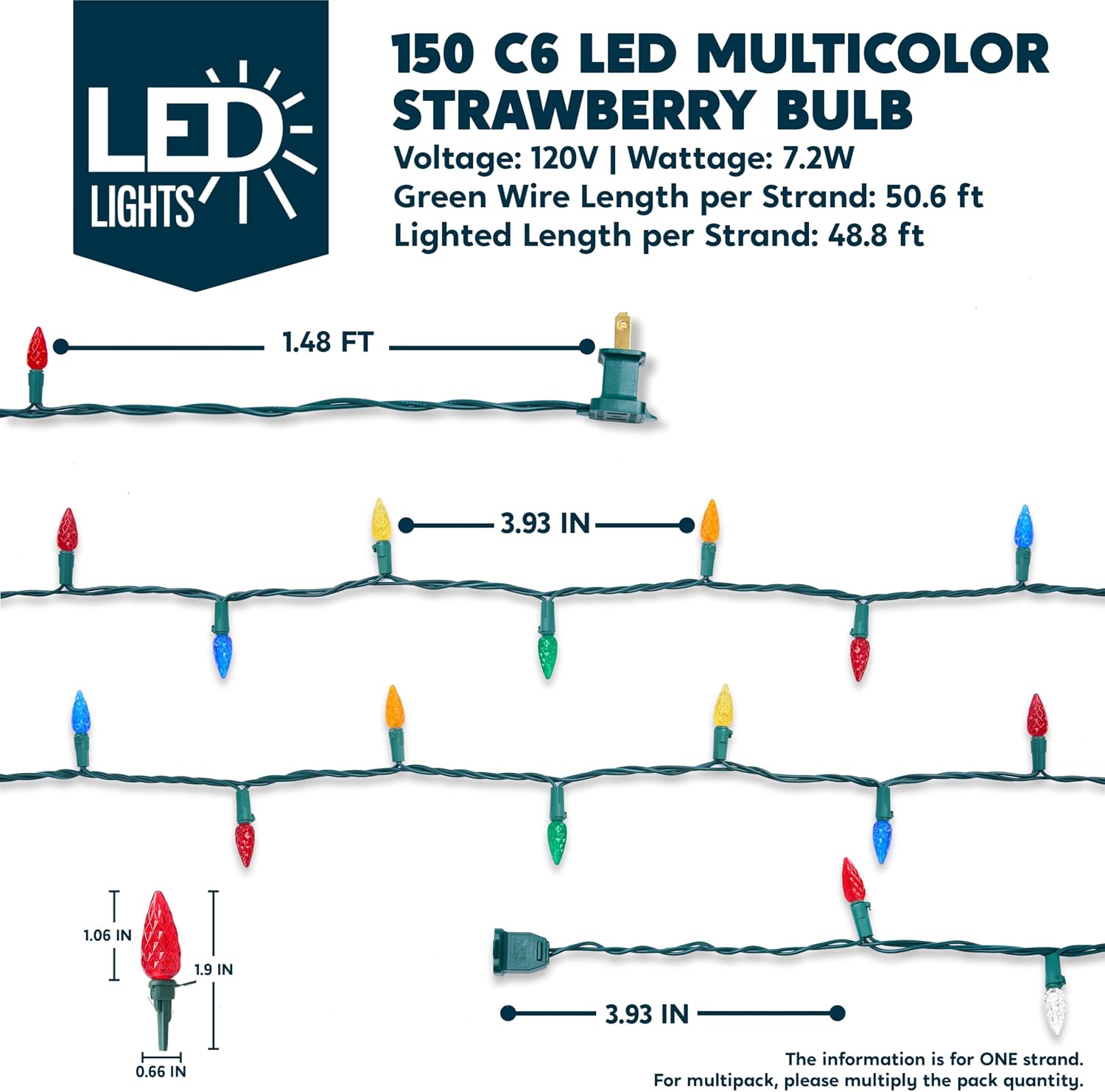 Joiedomi C6 LED Christmas String Lights,150 Count Strawberry Christmas Trees Lights, 50.6FT Connectable Multicolor for Indoor Outdoor Holiday Party Decor,Green Wire