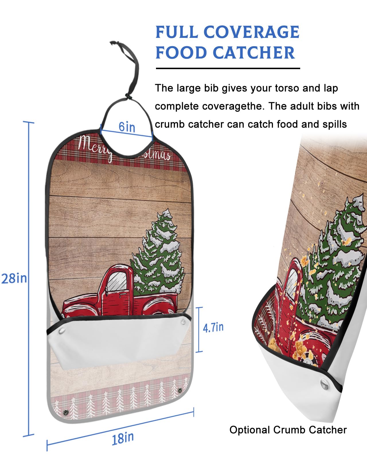 Christmas Truck Adult Bibs for Eating, Waterproof Bibs with Food Catcher & Adjustable Snap Closure, Red Plaid Xmas Tree Vintage Wood Washable Clothing Protectors Adult Bibs for Elderly Women/Men