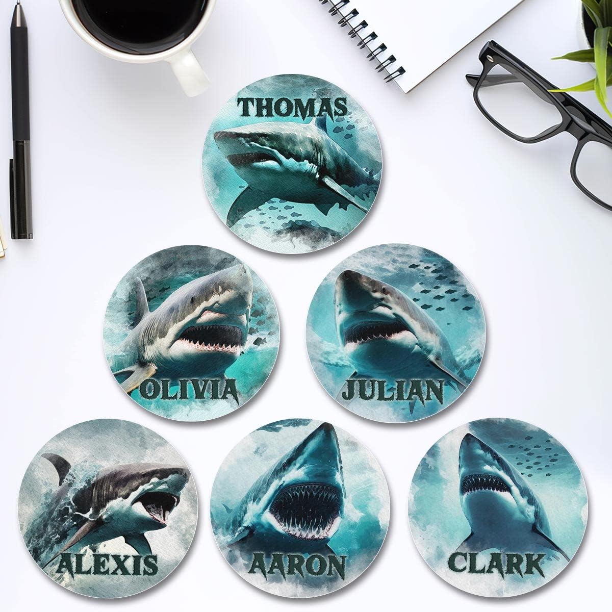 Personalized Shark Coaster Ceramic Pack 6 Coasters Housewarming Gifts for New Home Decor Women Adults Cork Base Coffee Table Car Cup Holders Drinks Absorbent Kitchen Accessories