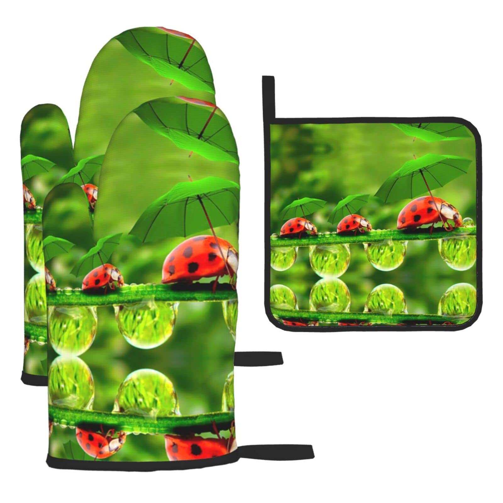 Funny Ladybug Holding Umbrellas Oven Mitts and Pot Holder Kitchen Set for Grilling, Cooking, Baking, Heat Resistant