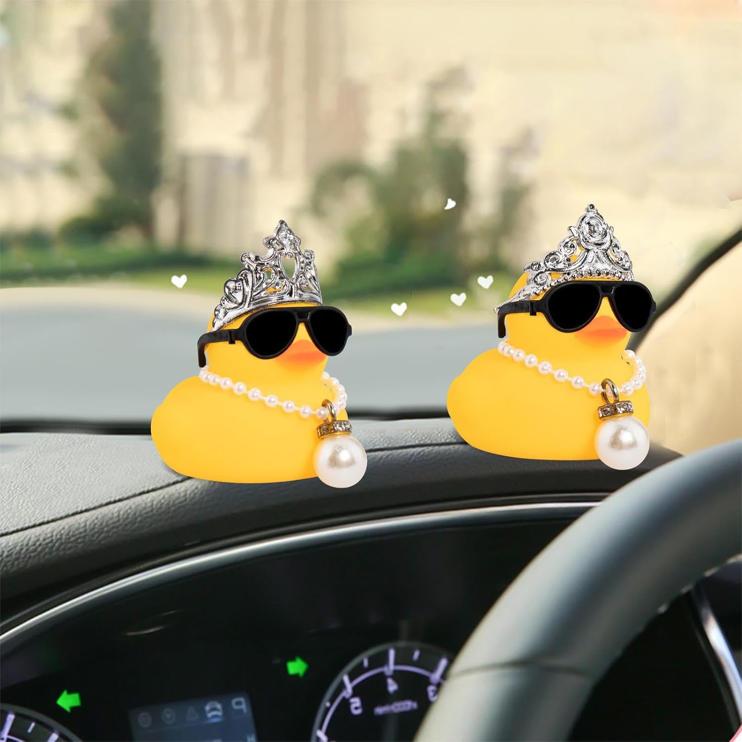 wonuu 2Pcs Car Rubber Duck for Dashboard Decorations with Propeller Crown/Knitted Hat Sunglasses Necklace Cars Accessories Yellow Ducks Car Ornament, Crown+Pink
