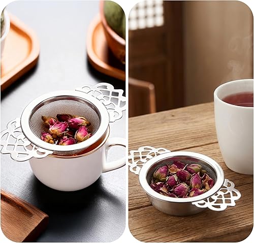 Miniatura 7 de Paquete de 6 filtros de té de malla, infusor de té de metal inoxidable, con mango y tazón de goteo para té suelto, plateado, 2.5 pulgadas