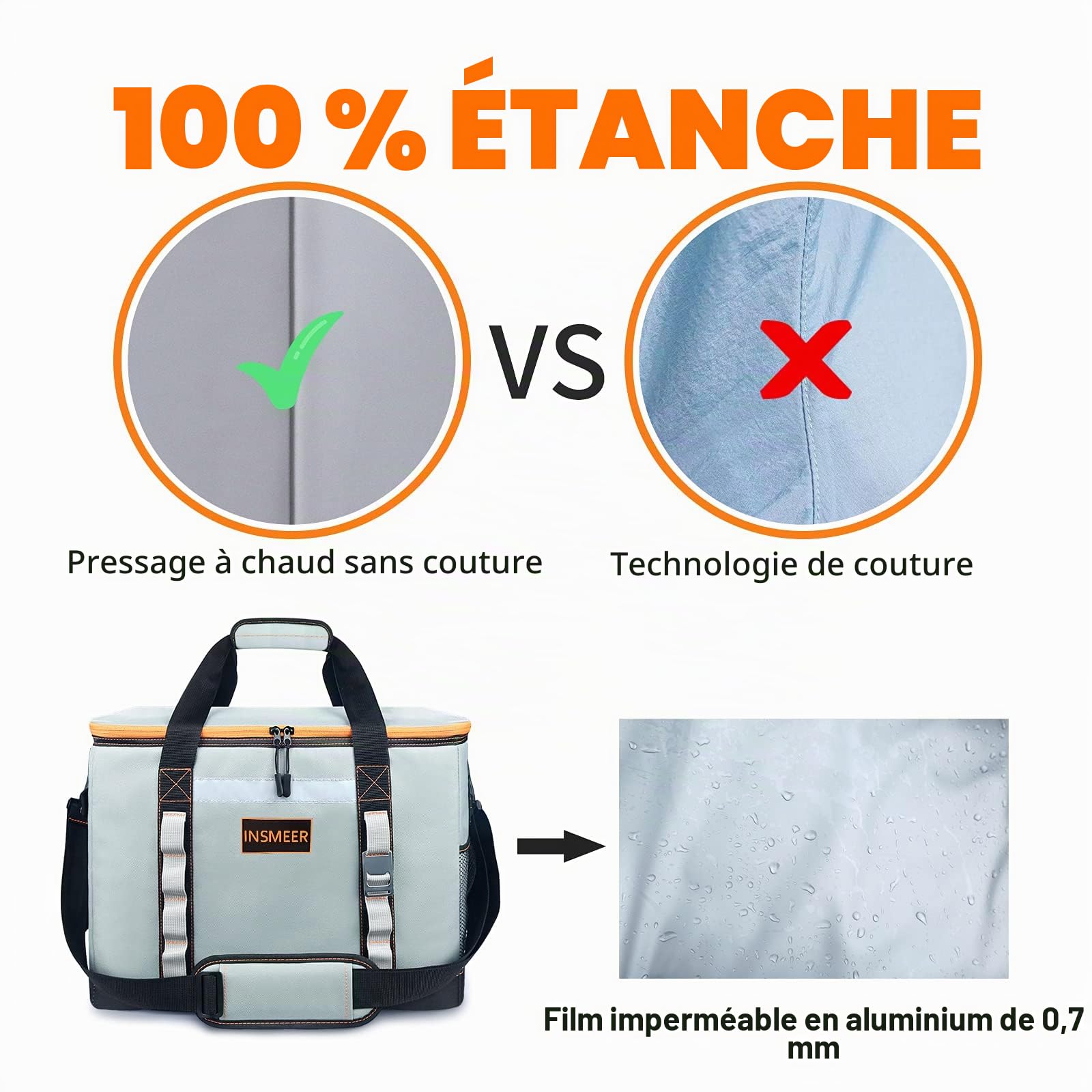 INSMEER Grand Sac Isotherme48L/55L, 65/80 Can Sac Glacière Étanche/Facile à Nettoyer avec Décapsuleur et Bandoulière Amovible, pour Plage, Pique-Nique, Shopping, Camping