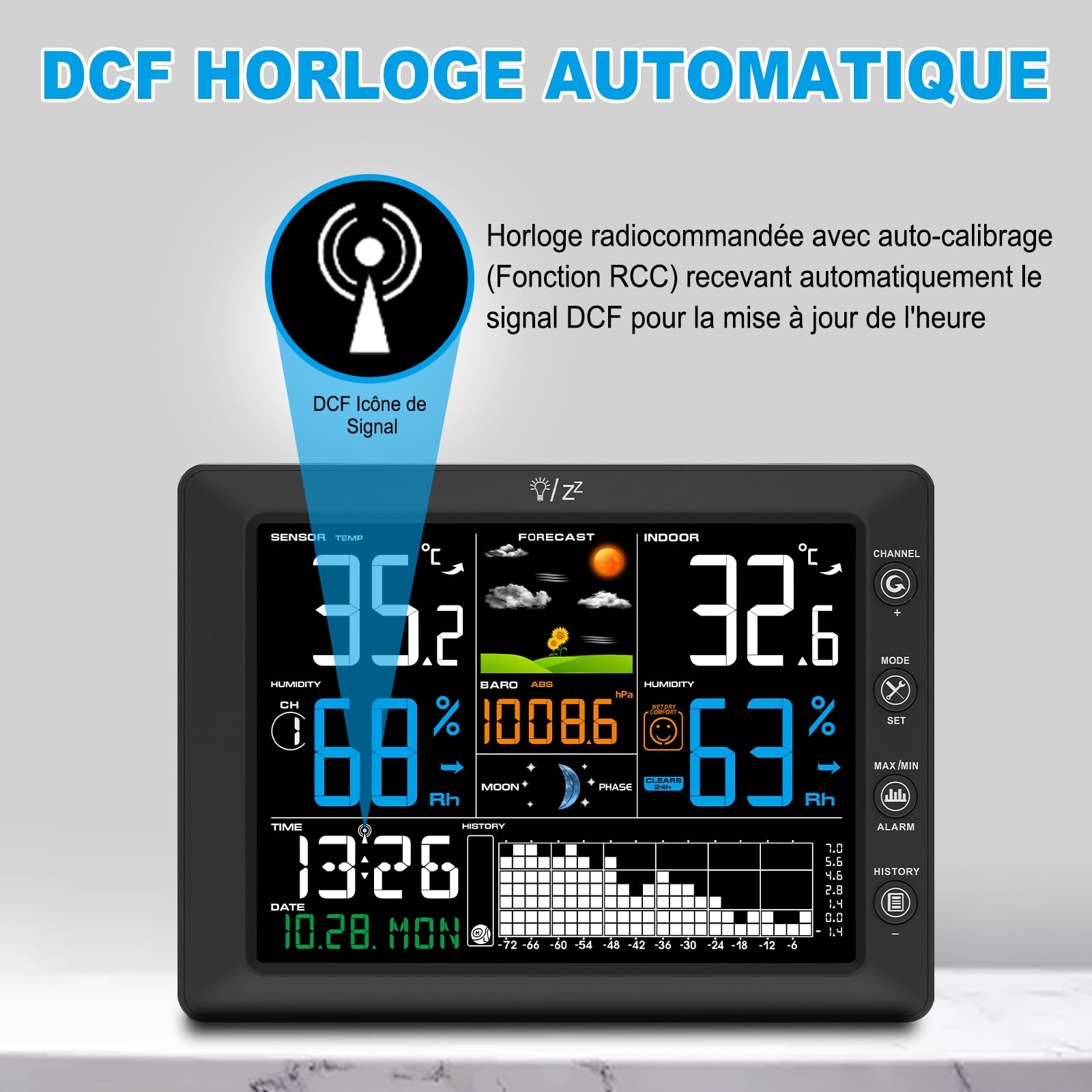 Urageuxy Station Meteo Sans Fil avec Capteur Extérieur Grand Écran Couleur, Thermomètre Intérieur Extérieur, Hygromètre, Prévisions Météo, Portée 100M, Pression Atmosphérique, Radio-Réveil DCF, Alarme