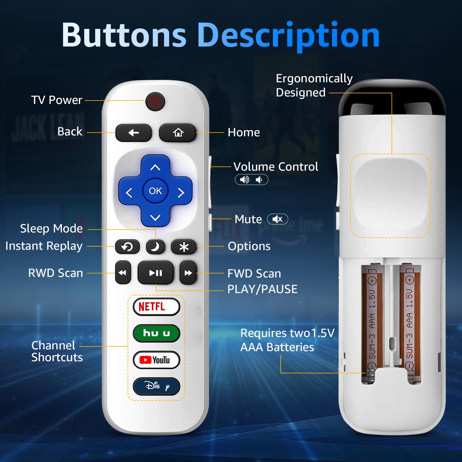 (3 Stück) Ersatzfernbedienung nur für Roku TV mit weicher Silikon-Schutzhülle (leuchtet im Dunkeln), Universal-Fernbedienung für TCL/Onn/Hisense/Sharp/Element/Philips Roku Smart TV (elegantes Weiß)