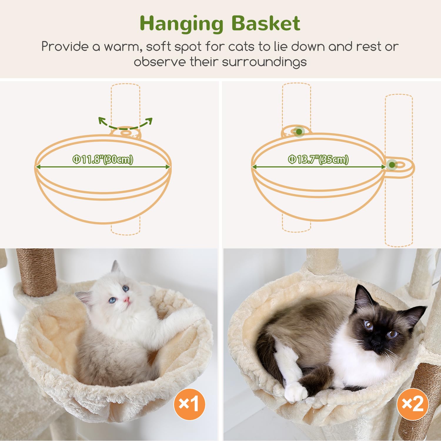 Globlazer Arbre à Chat Beige XXL Hauteur 204 cm avec 3 Niches, 2 Grande Plateforme, 3 Doux Paniers, Arbre a Chat Stable pour Gros Chats Adulte Grimpent Reposent Jeu Escalade Intérieur (F80F, Beige)