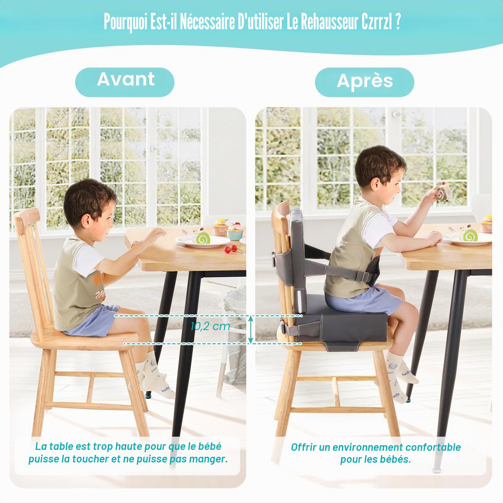Rehausseur Chaise Enfant PU Lavable Portabilité Rehausseur Chaise Bebe Avec Dossier Ceintures de Sécurité 3 Points Antidérapant Chaise Nomade Bebe pour à La Maison Partir(Gris)