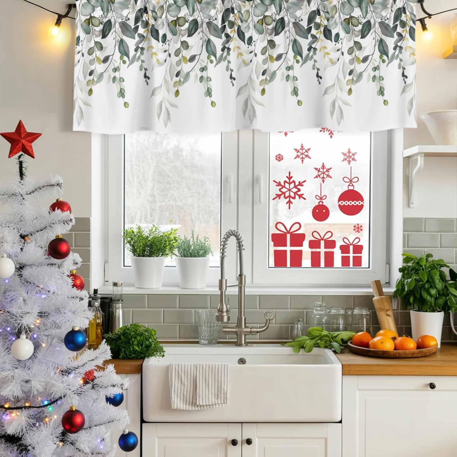2 Pack Green Eucalyptus Valances for Window, Weeping Botanical Short Curtains for Kitchen Bedroom Living Room, Watercolor Leaf Spring Rod Pocket Small Window Treatment Valance Drapes 54 x 18 Inch