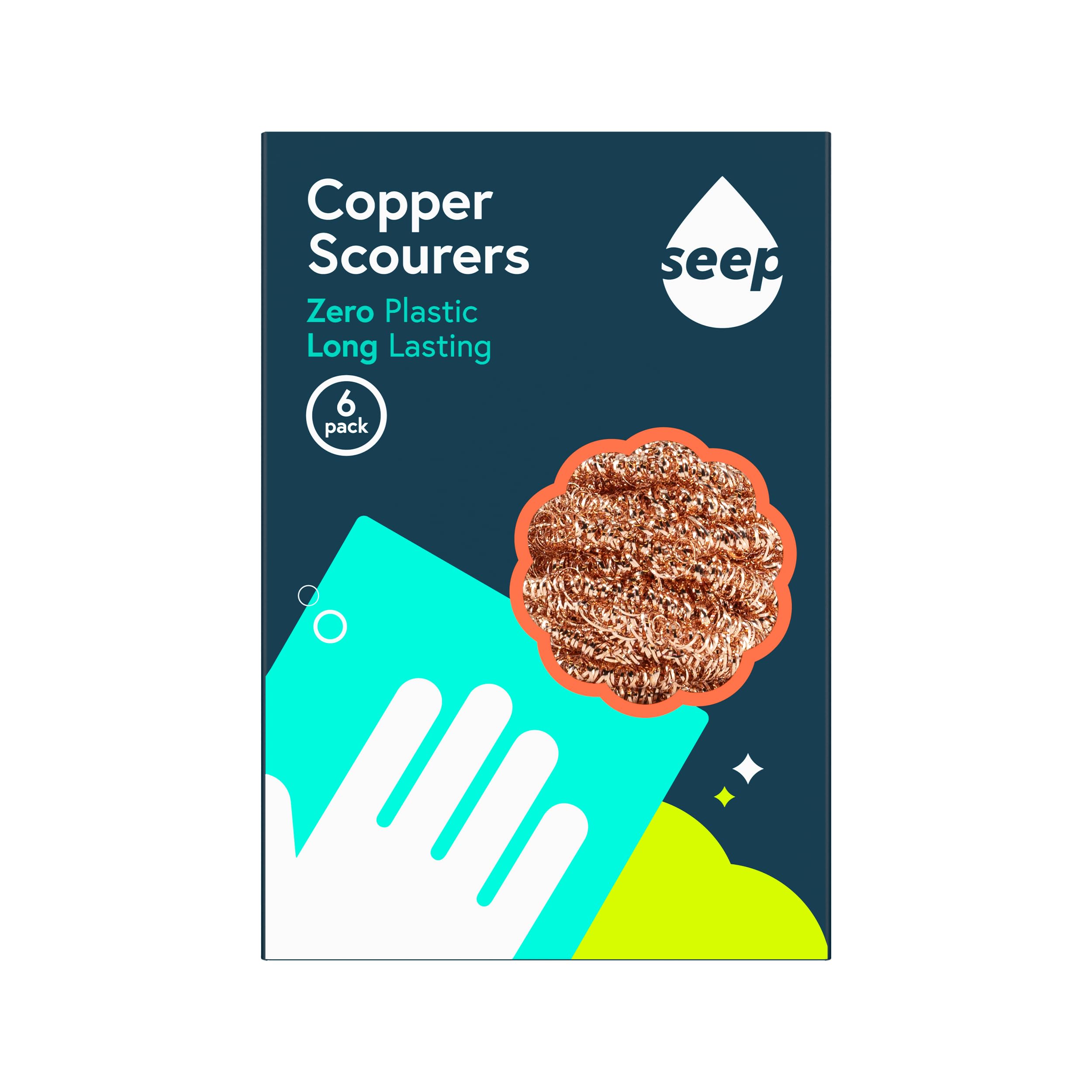 Seep Copper Recyclable Wire Metal Scourer Pads 6 Pack - Spiral 100% Scourer - Long Lasting Pan Scourers For Cleaning - Heavy Duty Scrubber