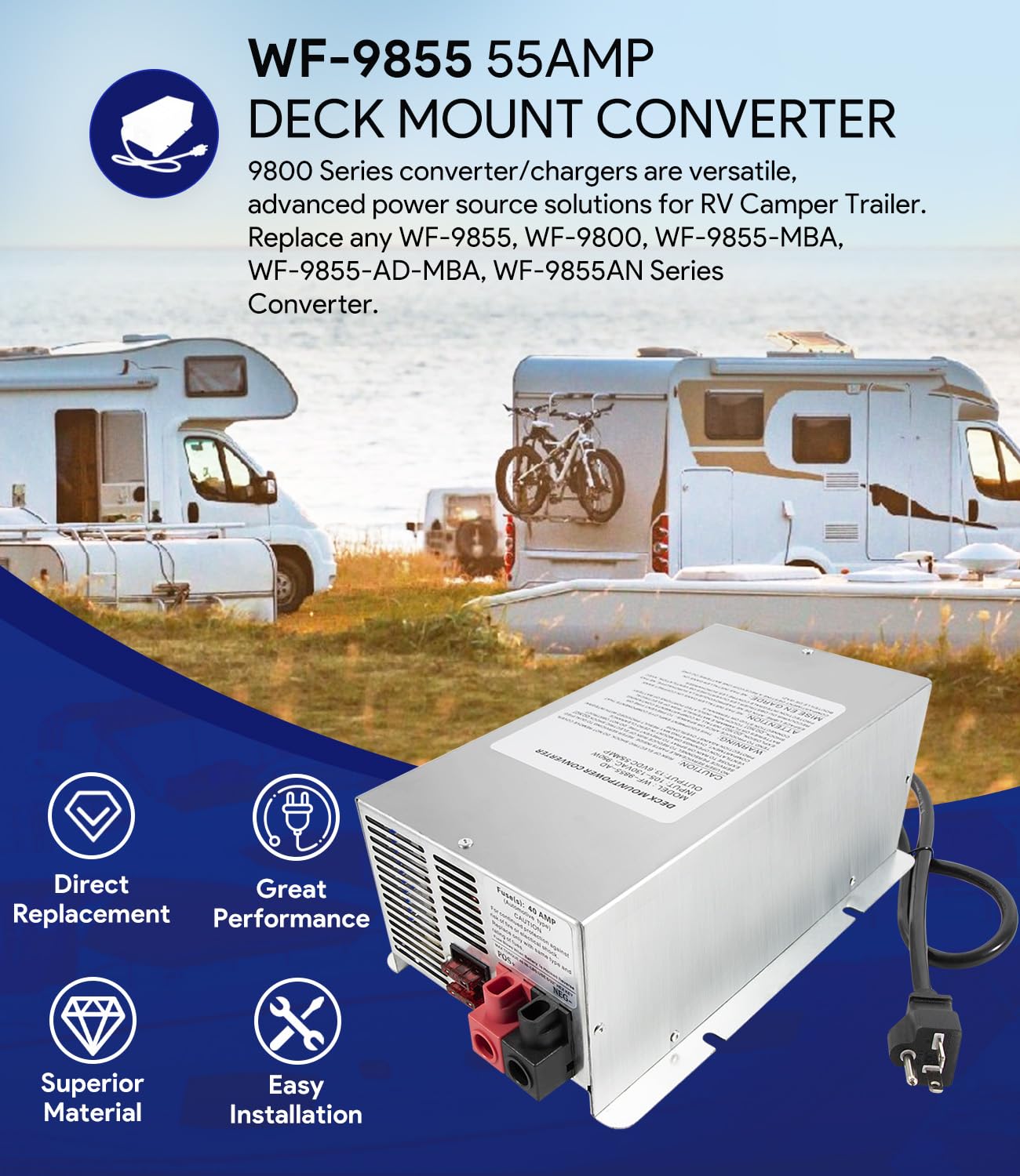 WF-9855 - Convertidor de energía para RV de montaje en cubierta de 55 amperios para 9800 Series, WF-9855, WF-9855-MBA, WF-9855-AD-MBA, WF-9855AN, 55Amp