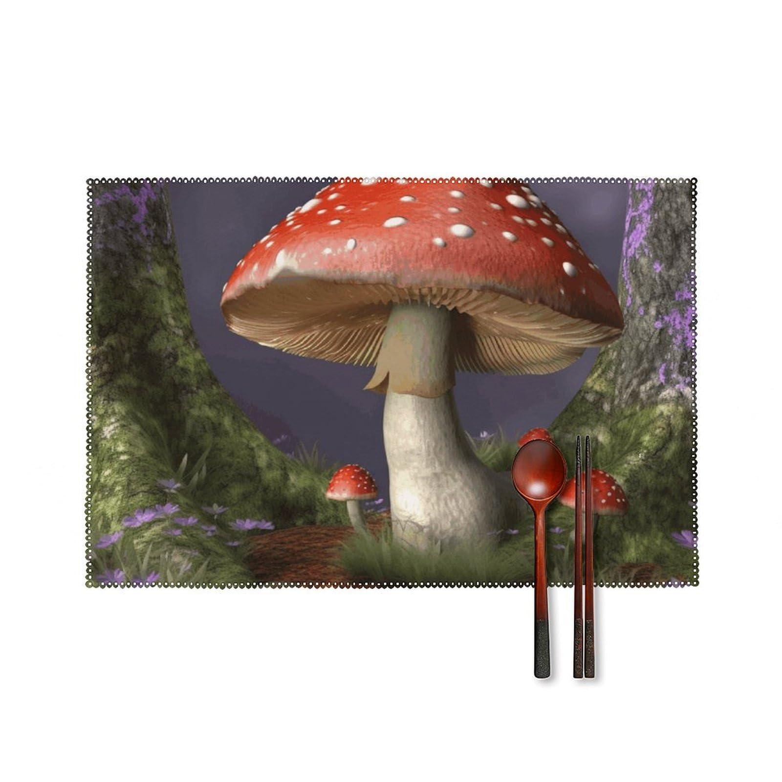 Mushroom Placemats Set of 6, 12x18 Inch Heat Resistant Washable Canvas Table Mats, Stain Resistant Decorative Dining Placemats for Kitchen, Restaurant, Outdoor Party