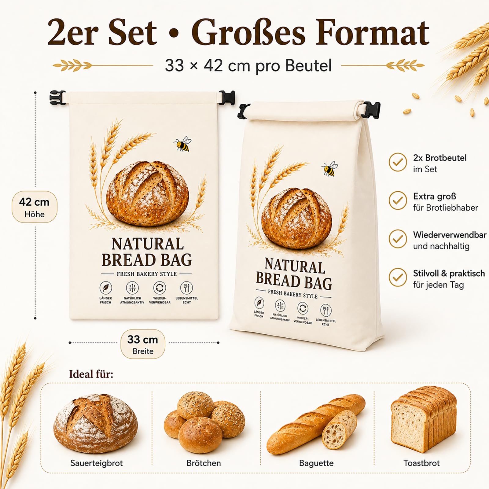 2 sacchetti per il pane in cera d'api, 42 x 33 cm, riutilizzabili, in cotone e TPU, con chiusura a clip, per pane, toast, baguette, panini, croissant, bagel e prodotti da forno