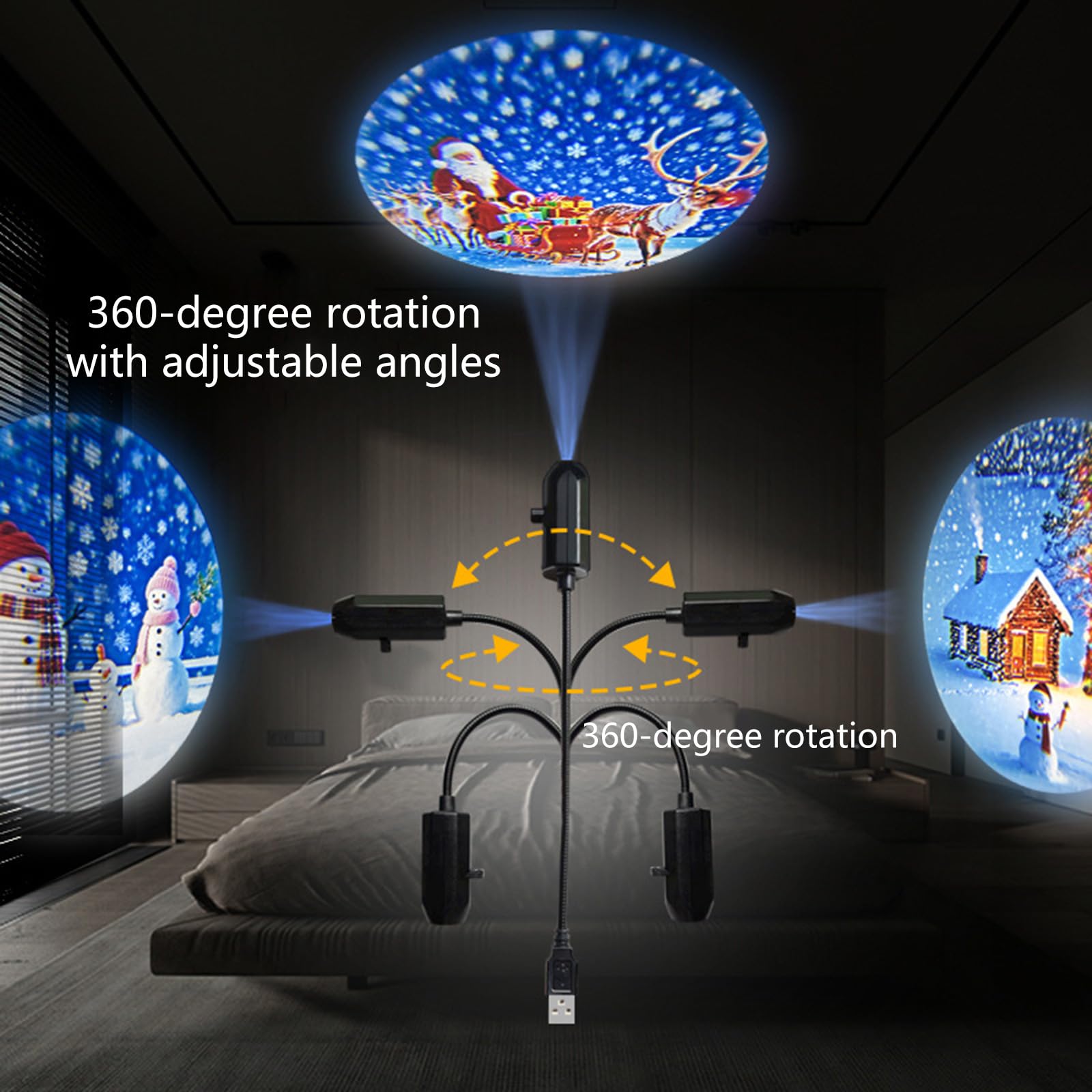 Projecteur de décoration de Noël alimenté par USB avec 4 diapositives à thème angles réglables pour la maison ou les fêtes