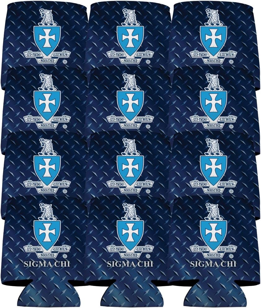 VictoryStore Sigma Chi Can Coolers – Set of 12 Beverage Sleeves – Diamond Plate Design – Full-Color, Foldable, Insulated Coolies – Fits 12–16 oz Cans & Bottles – Greek Life Party Favors