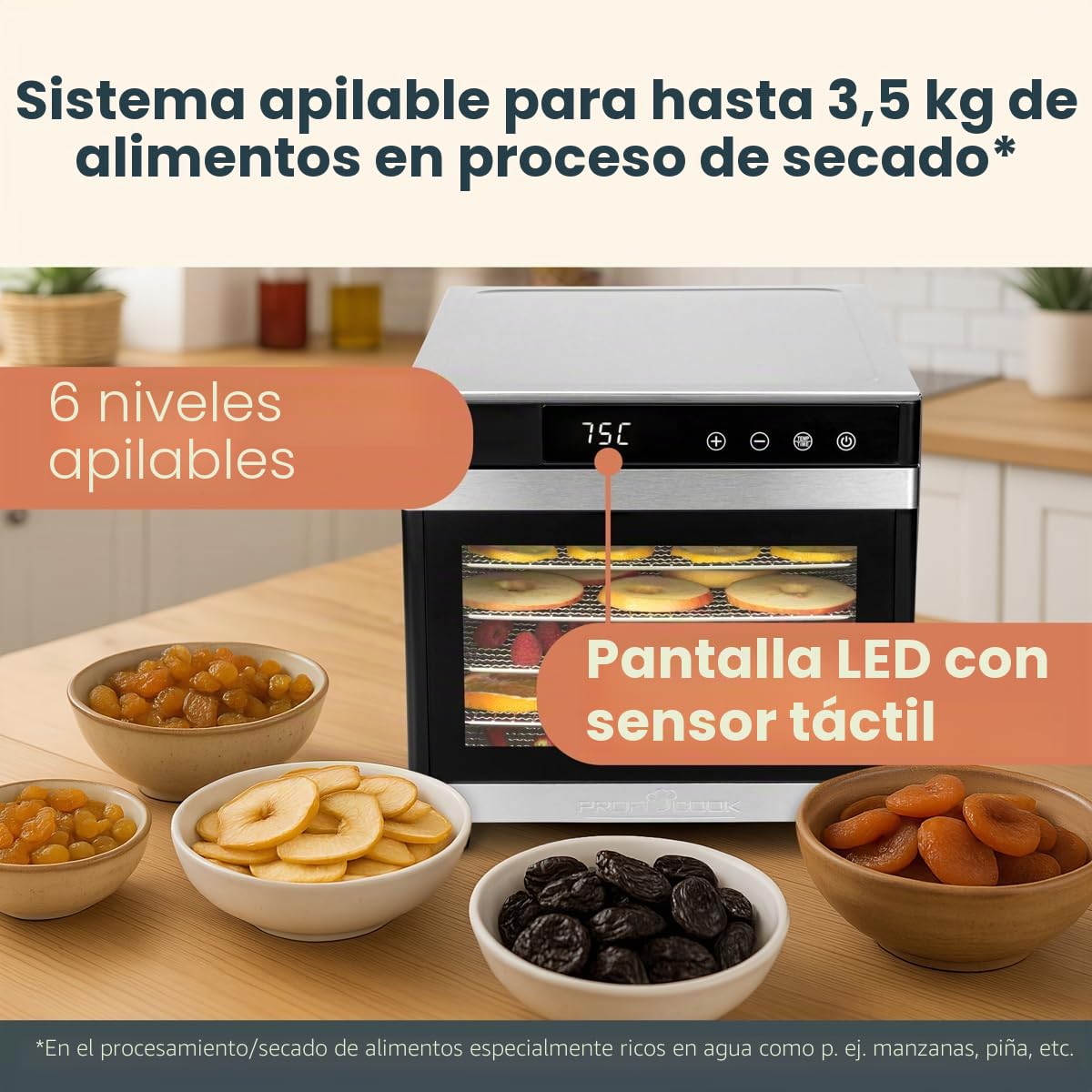 Proficook PC-DR1218 Deshidratador de Alimentos, 6 Bandejas Acero Inoxidable, Temperatura Ajustable 35-75°C, Temporizador 30 min - 24 h, Seca Frutas, Verduras, Carne, Hierbas