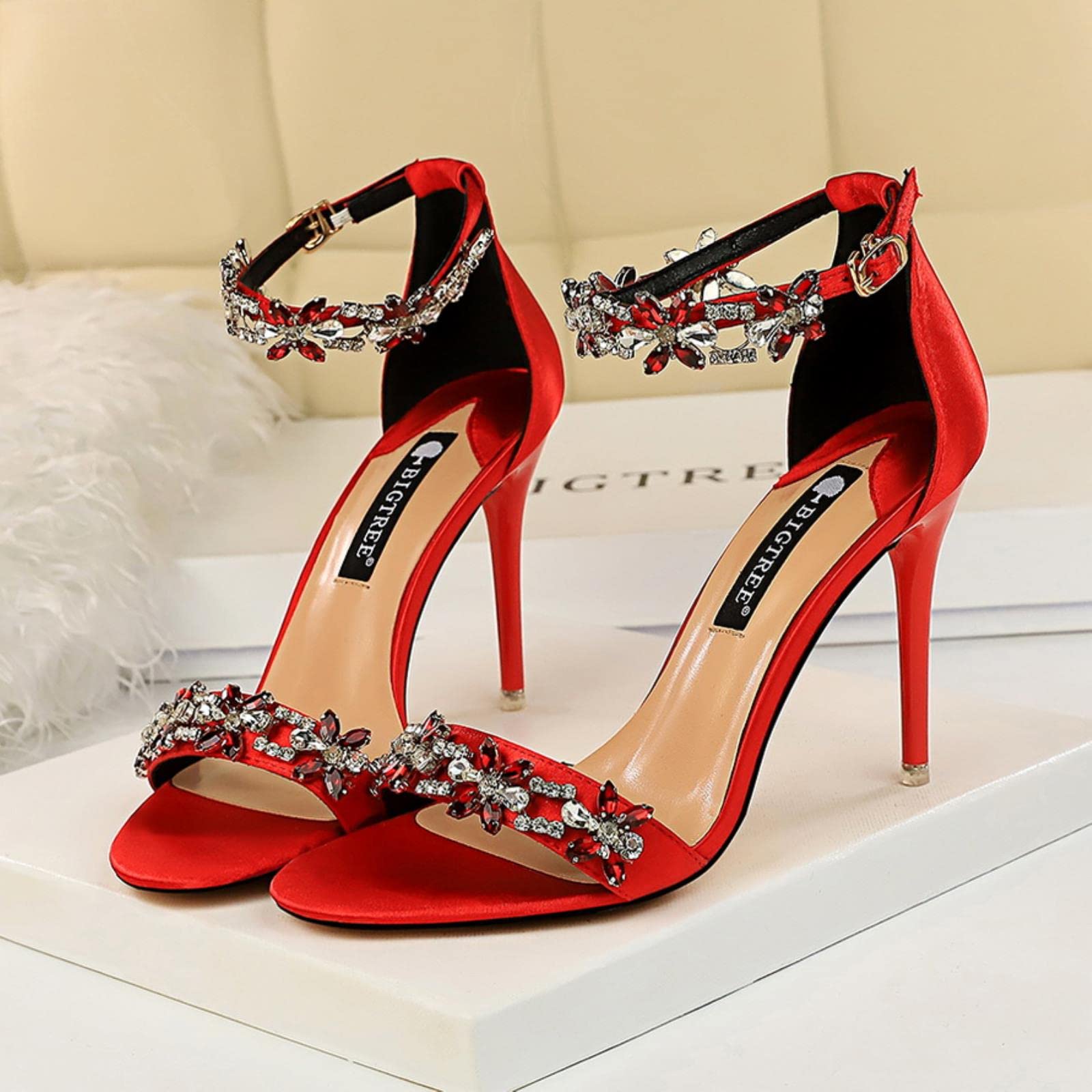 Scarpe Donna Tacco Donne 9 Cm Tacchi Alti Sandali Cristallini Cristallini da Sposa Tacchi da Sposa Sandles Glitter Ballo Elegante Cinturino in Raso Elegante