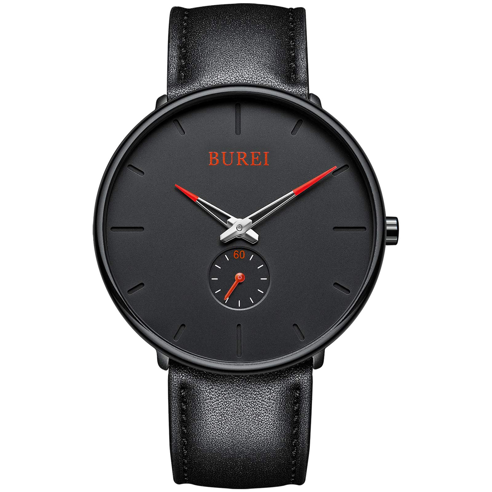 BUREI Men's Fashion Minimalist Wrist Quartz Watches with Stainless Steel Black Dial Black Strap (Black Red)