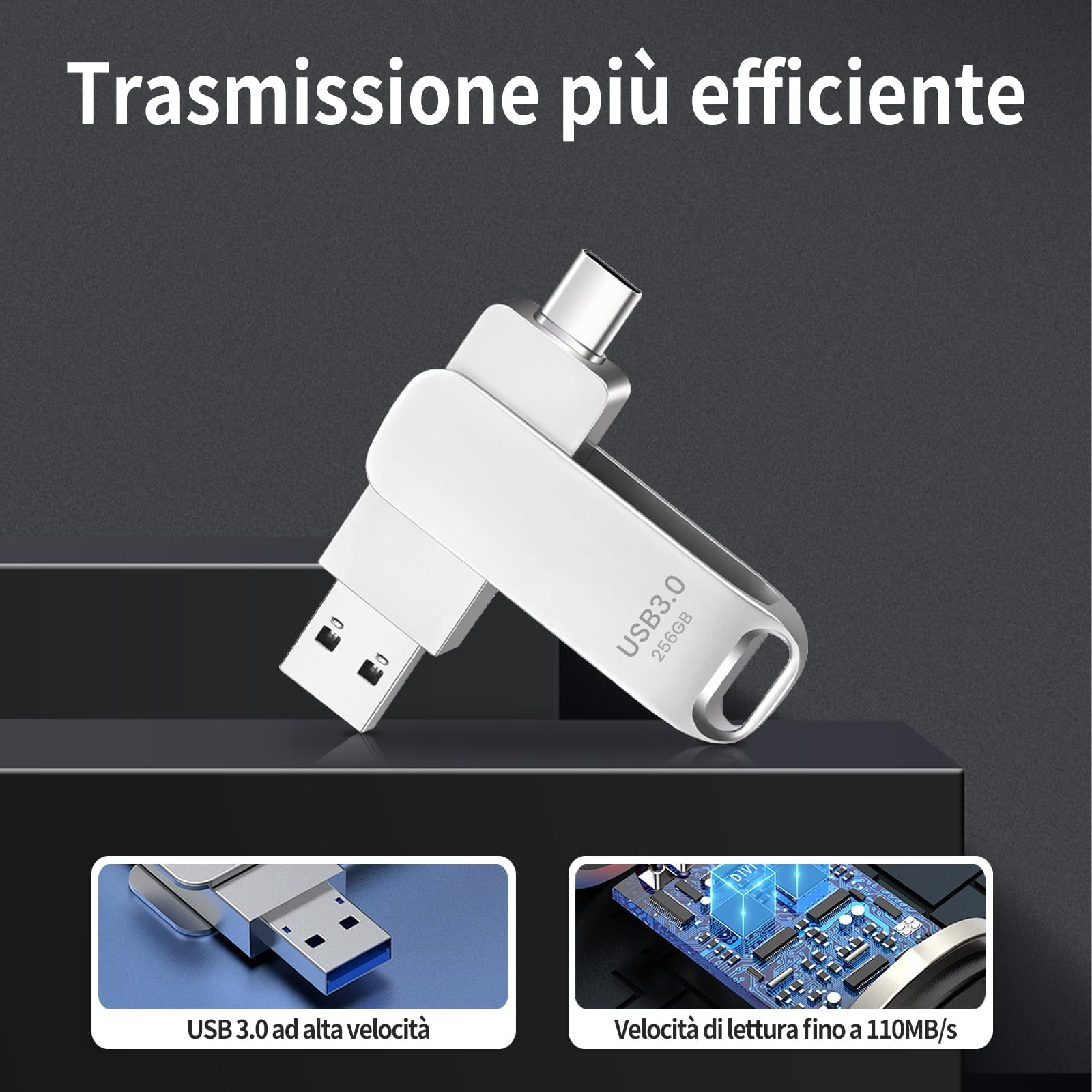 Memoria USB C 256GB, Dual Drive Pendrive Tipo C y USB OTG 2 en 1 Portátil Impermeable Dual Pen Drive USB C Metal Alta Capacidad Memory Stick para iOS Smartphones,Android, Pc, Tabletas13 — view 5
