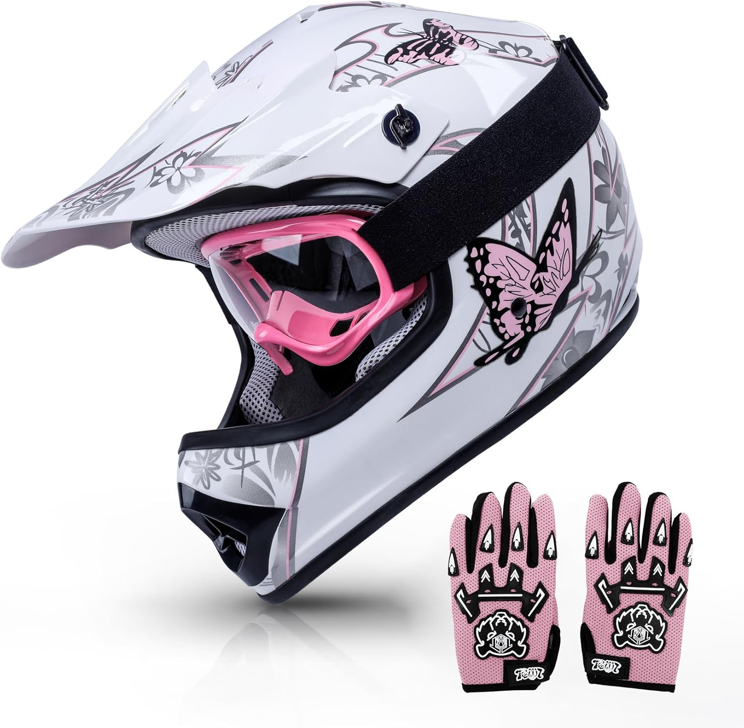 TCMT Youth Pink Butterfly Dirt Bike ATV Helmet Motocross with Goggles and gloves Medium