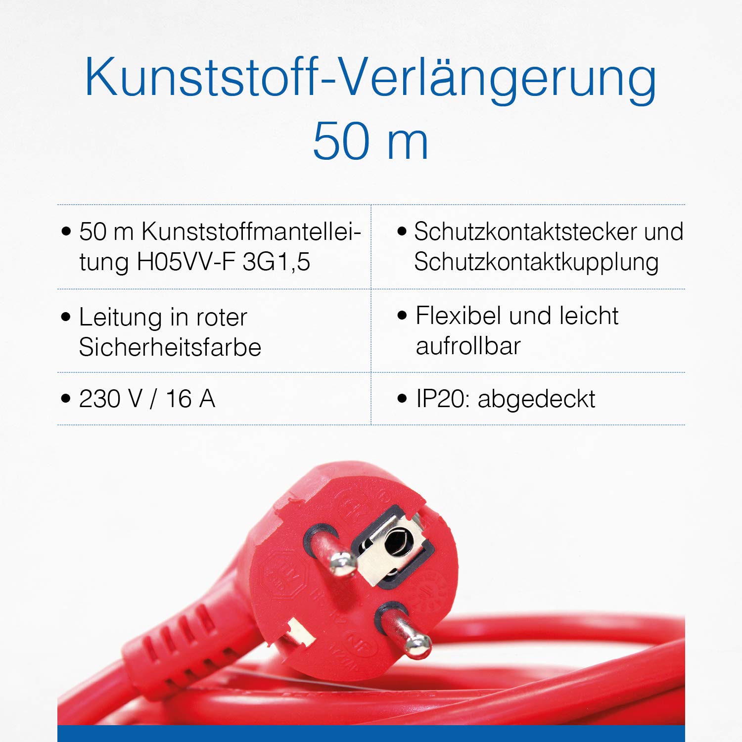 as - Schwabe Kunststoff-Verlängerung – 50 m Verlängerungskabel – 230 V, 16 A Verlängerungsleitung mit Schuko / Euro Stecker und Kupplung – Stromverlängerungskabel für Innenbereich – IP20 – Rot I 60359