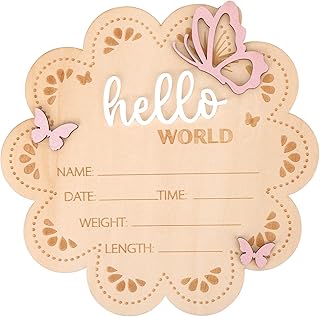 Hello World Newborn Announcement Sign, Butterfly Wooden Newborn Sign Per...